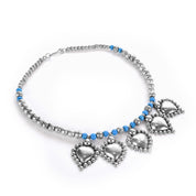 Sterling Silver and Turquoise Beaded Necklace with Large Heart-Shaped Silver Beads