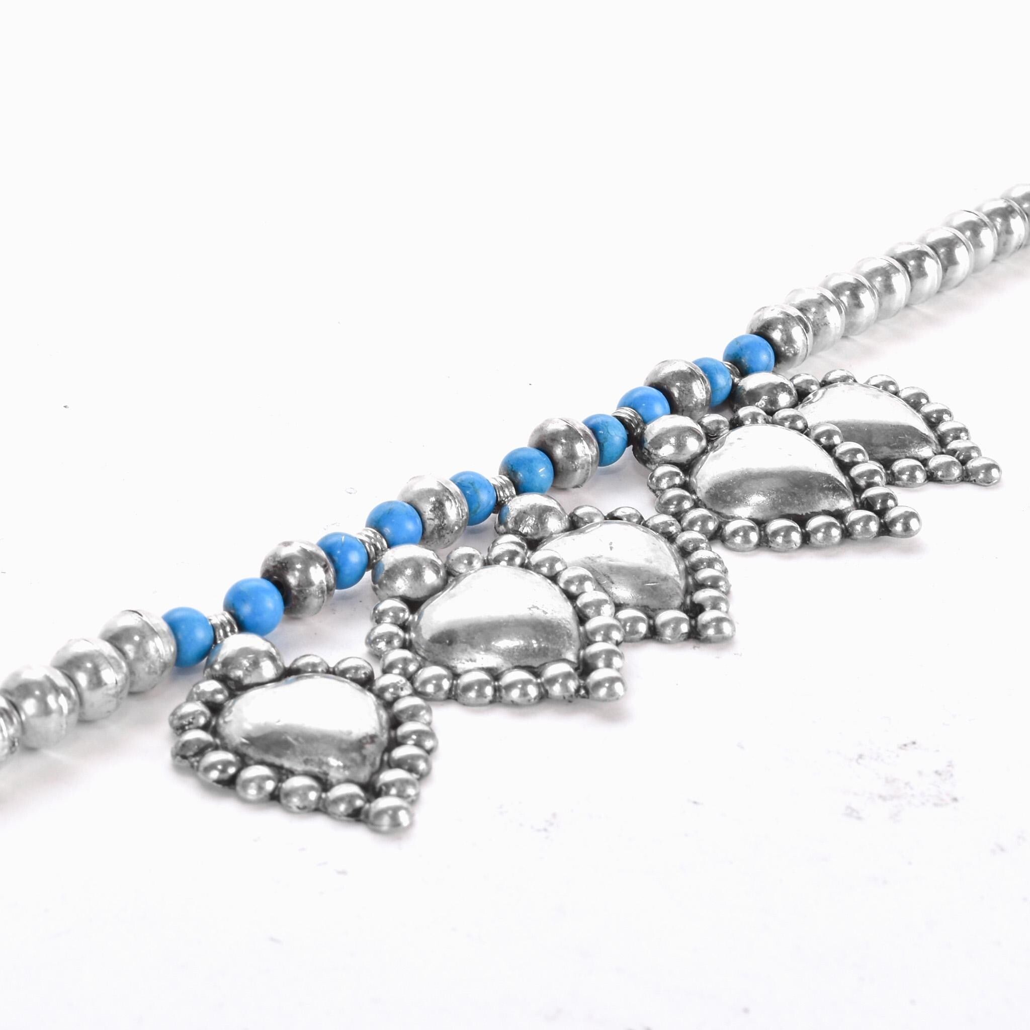 Sterling Silver and Turquoise Beaded Necklace with Large Heart-Shaped Silver Beads