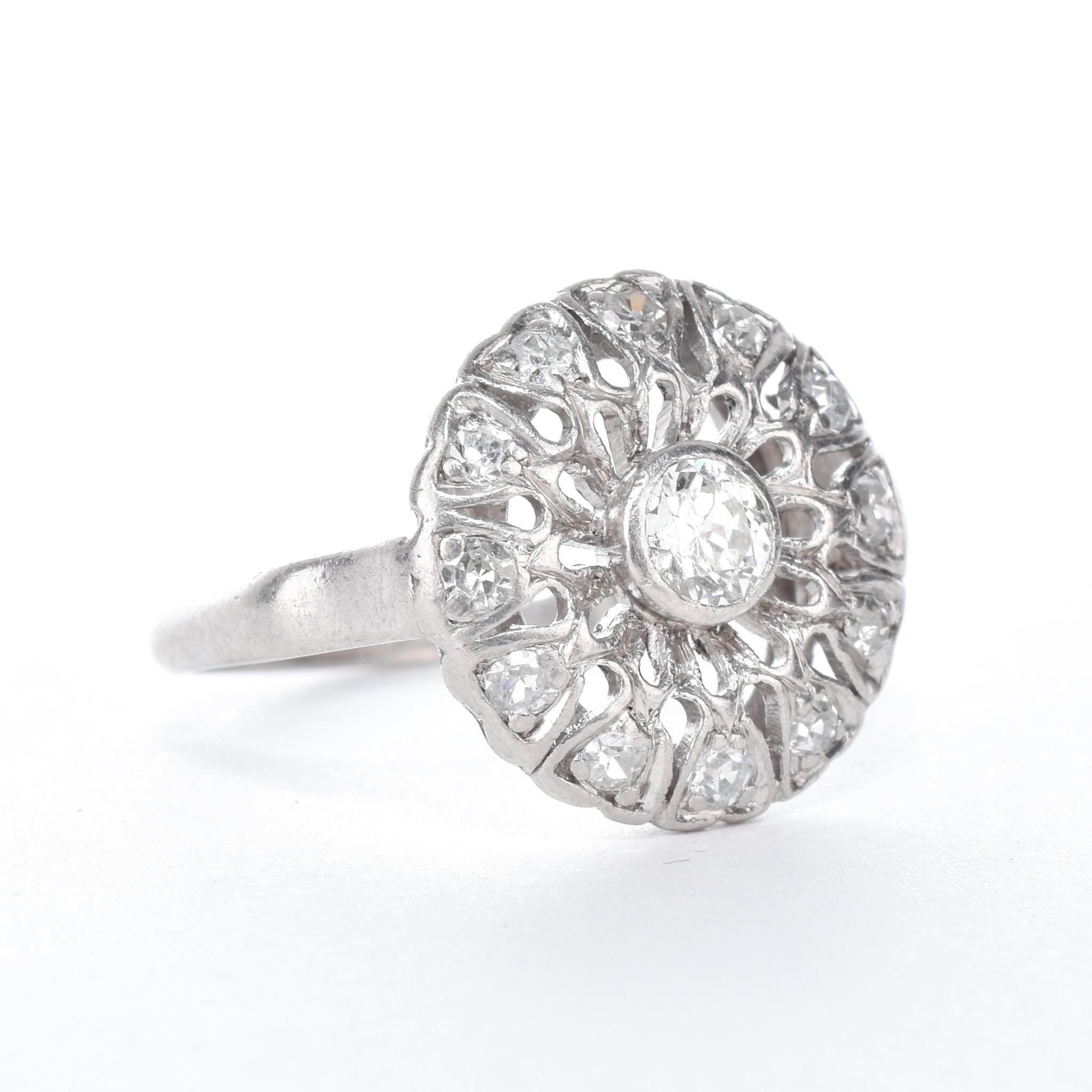 Art Deco Platinum and Diamond Halo Shield Ring