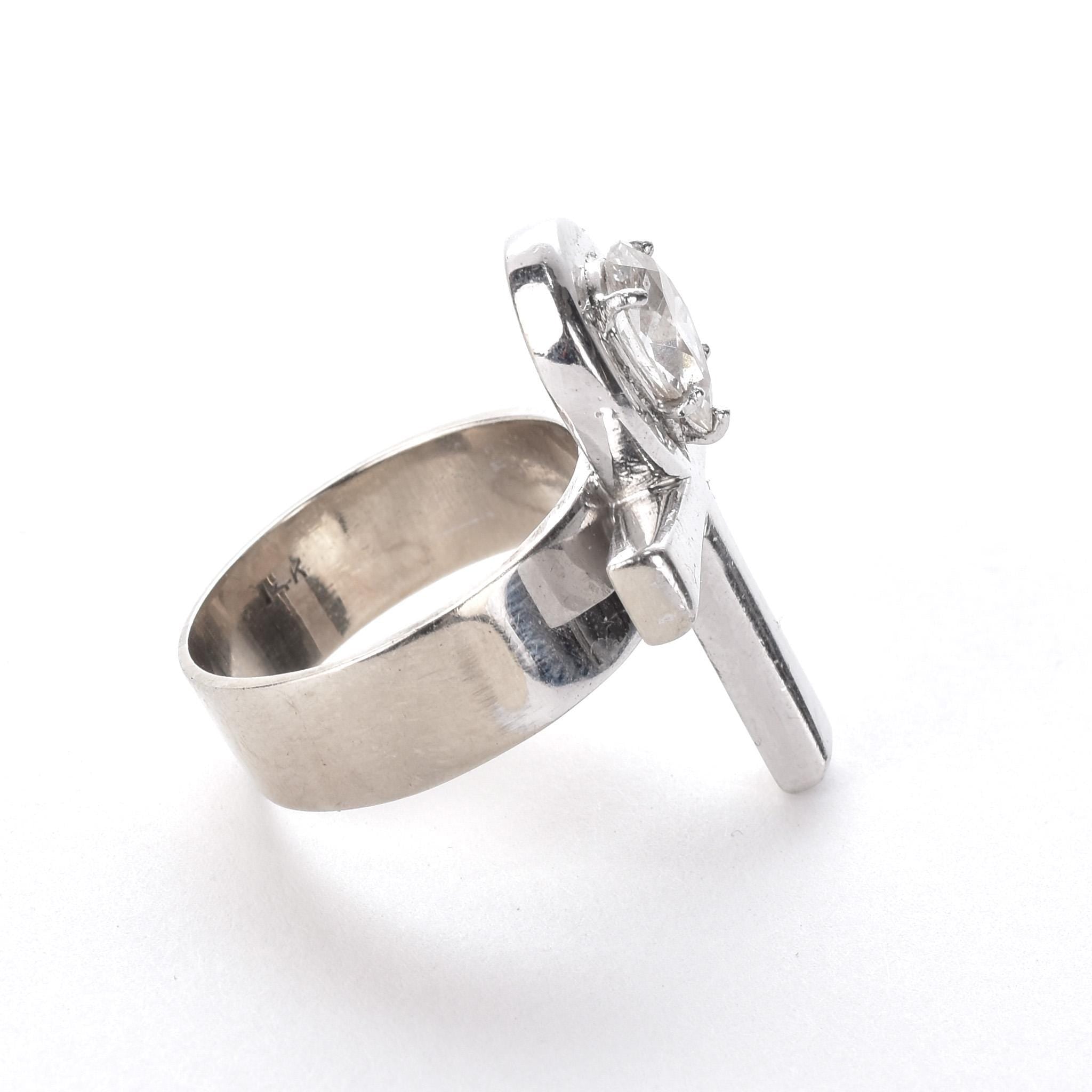 14K White Gold Ankh Ring with .70 CT Pear-Shaped Diamond