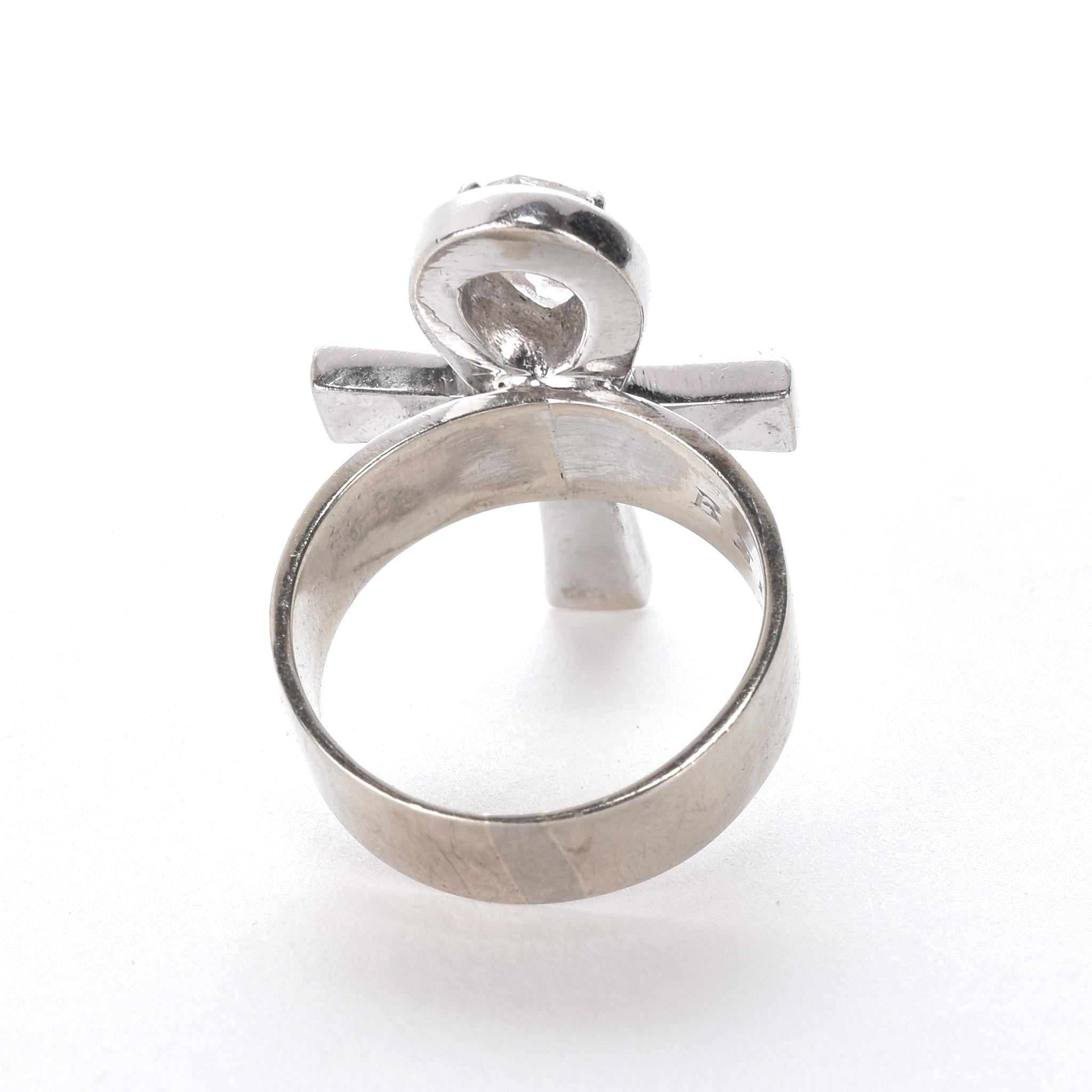 14K White Gold Ankh Ring with .70 CT Pear-Shaped Diamond