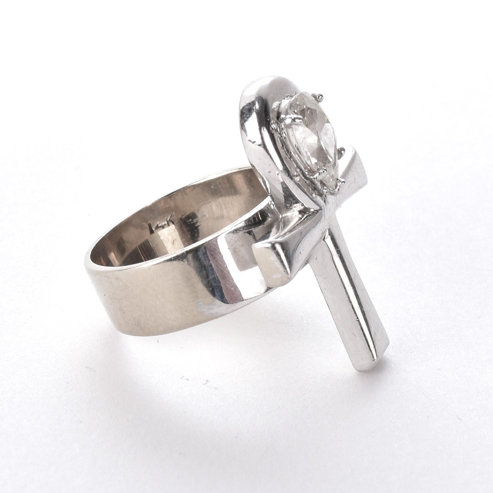 14K White Gold Ankh Ring with .70 CT Pear-Shaped Diamond