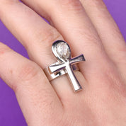 14K White Gold Ankh Ring with .70 CT Pear-Shaped Diamond