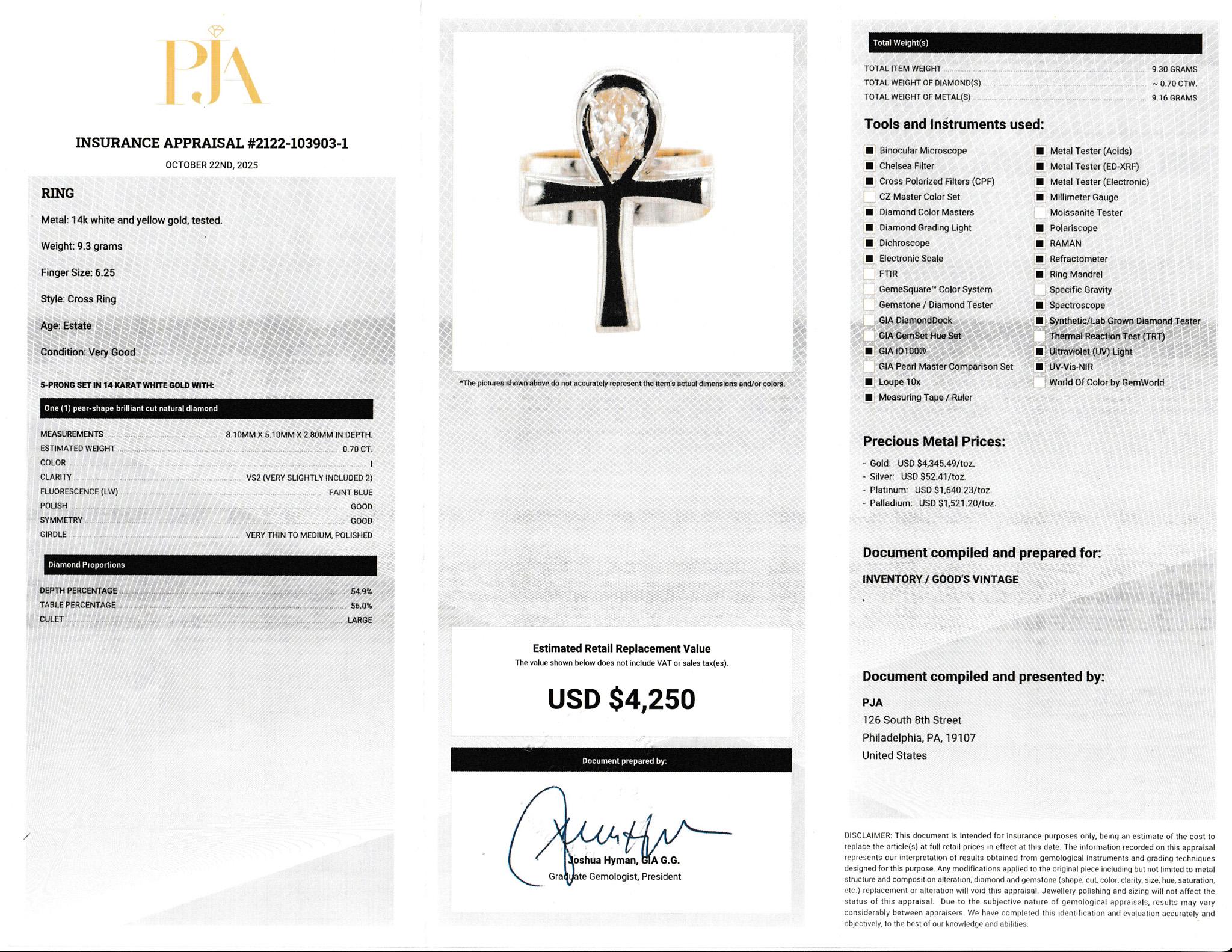 14K White Gold Ankh Ring with .70 CT Pear-Shaped Diamond