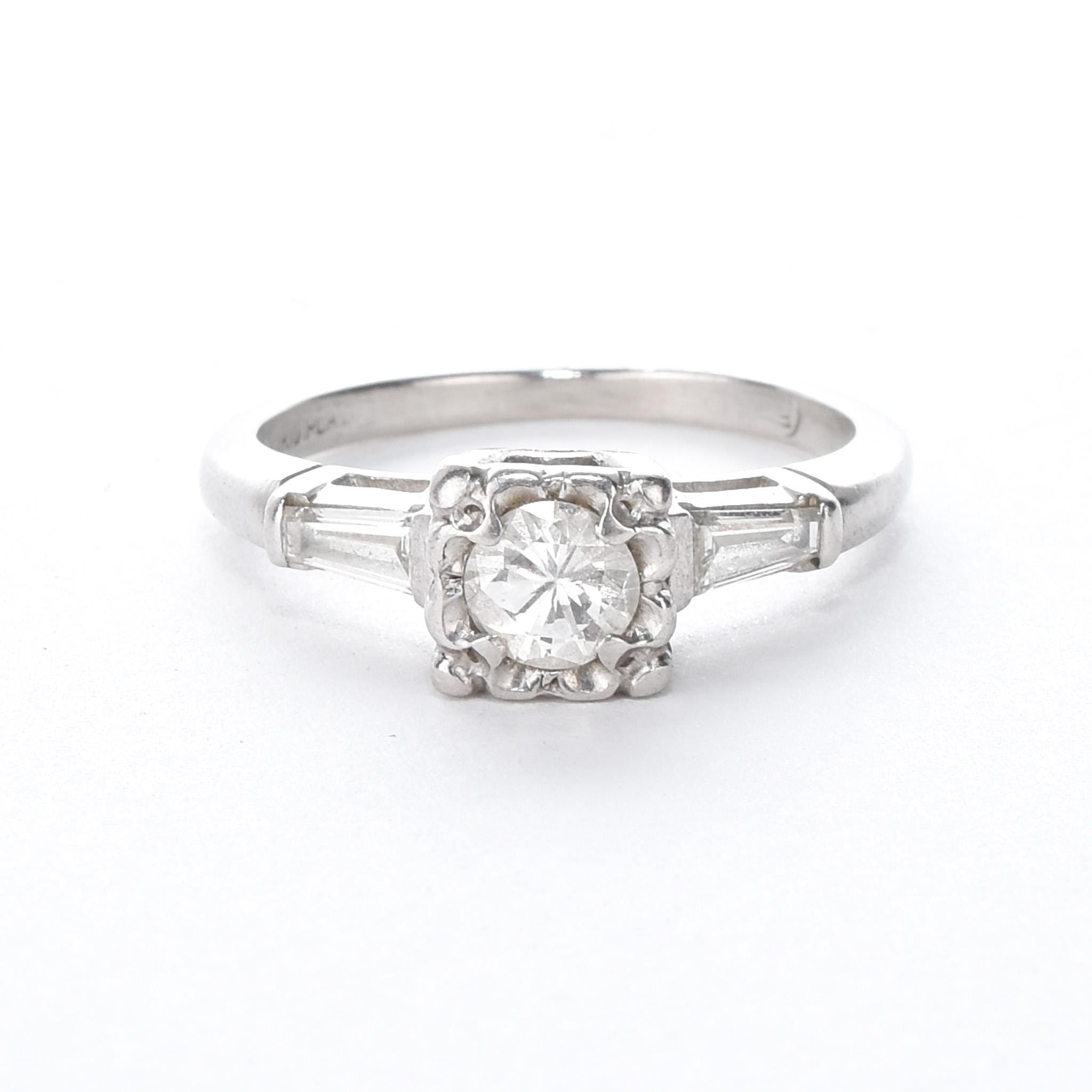 Platinum Brilliant Cut Diamond Two-Baguette Engagement Ring