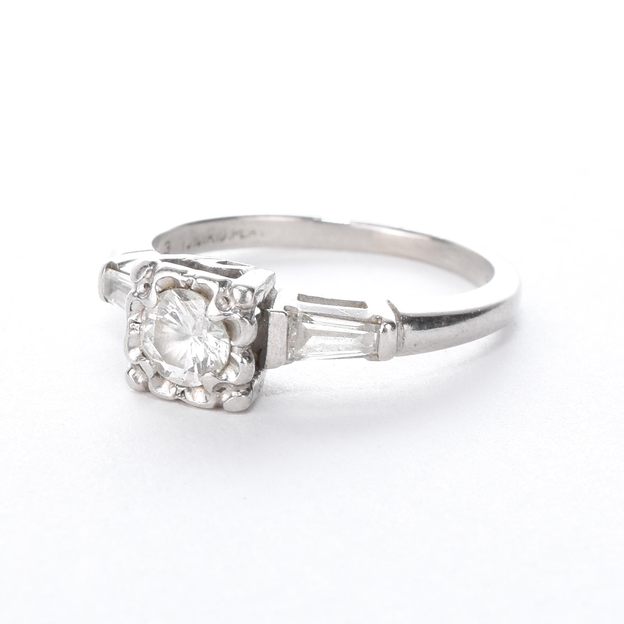 Platinum Brilliant Cut Diamond Two-Baguette Engagement Ring