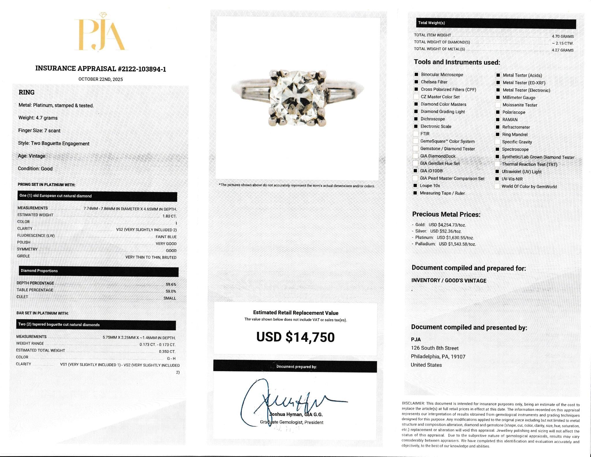 Platinum 1.80 CT Natural Diamond Engagement Ring
