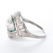 Antique Art Deco Platinum Diamond and Emerald Cocktail Ring