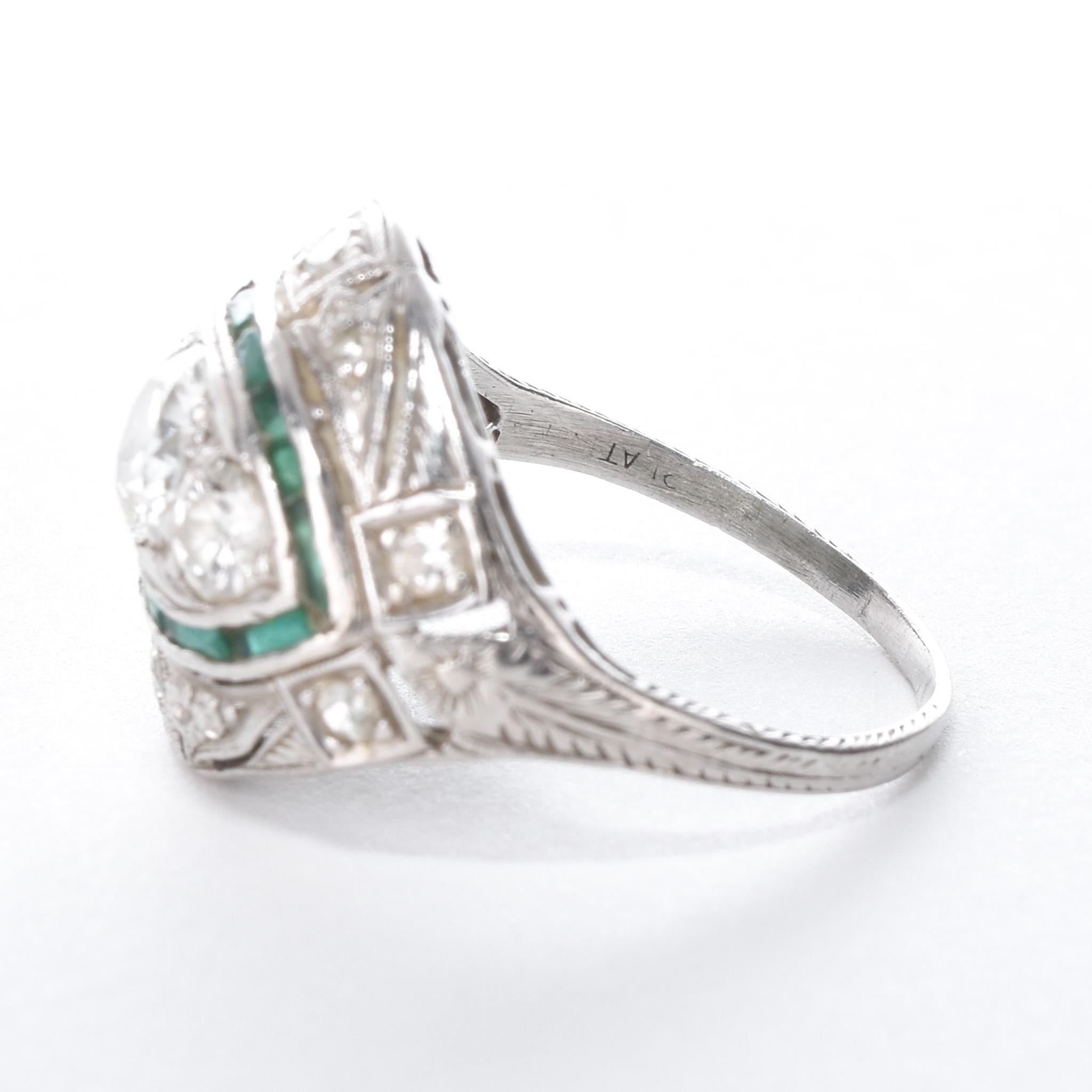 Antique Art Deco Platinum Diamond and Emerald Cocktail Ring