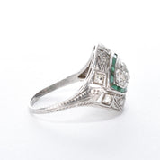 Antique Art Deco Platinum Diamond and Emerald Cocktail Ring