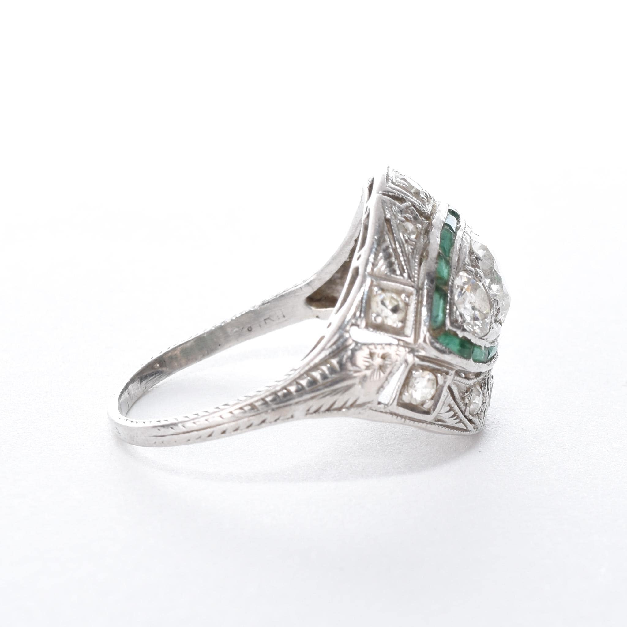 Antique Art Deco Platinum Diamond and Emerald Cocktail Ring