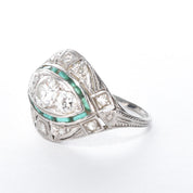 Antique Art Deco Platinum Diamond and Emerald Cocktail Ring