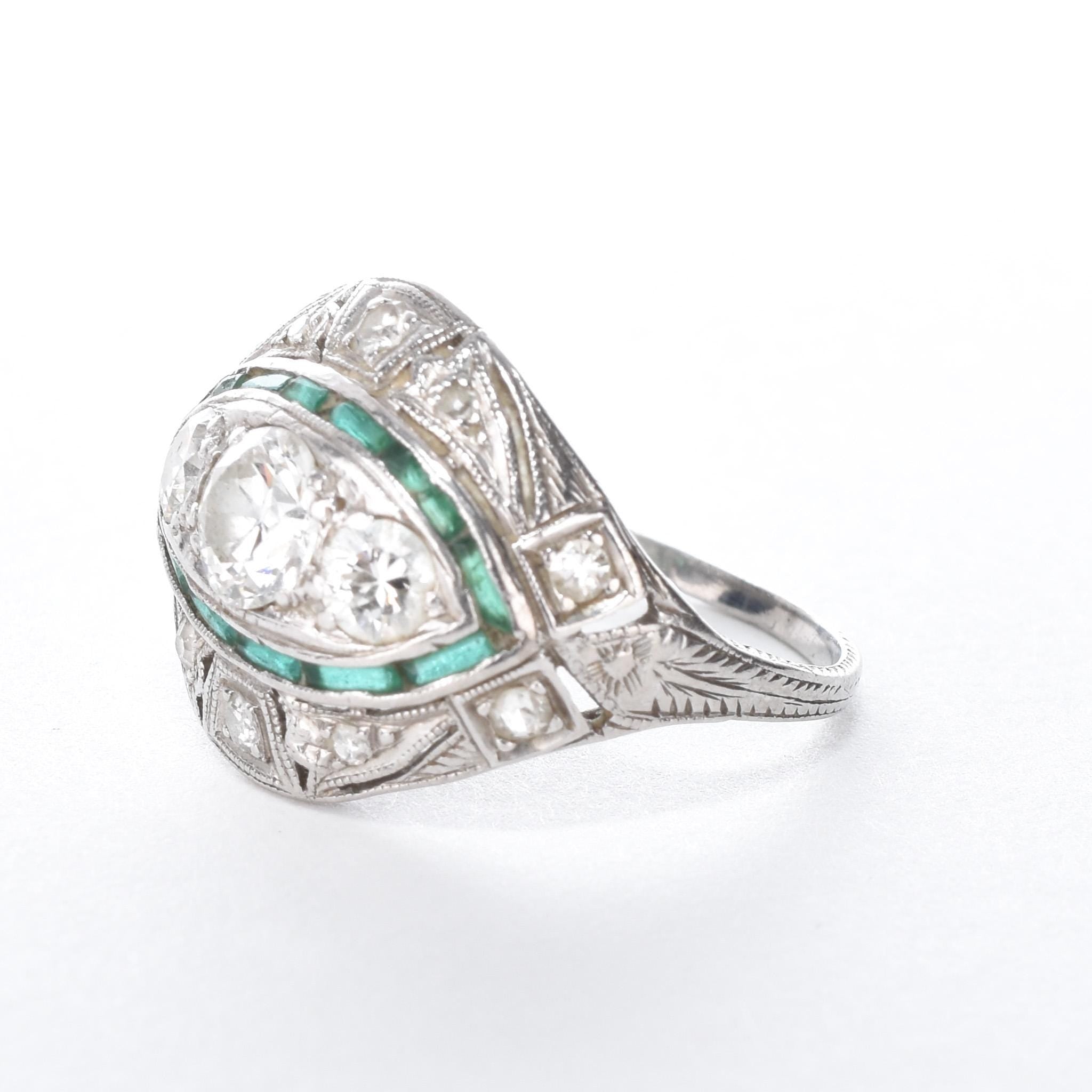 Antique Art Deco Platinum Diamond and Emerald Cocktail Ring