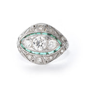 Antique Art Deco Platinum Diamond and Emerald Cocktail Ring