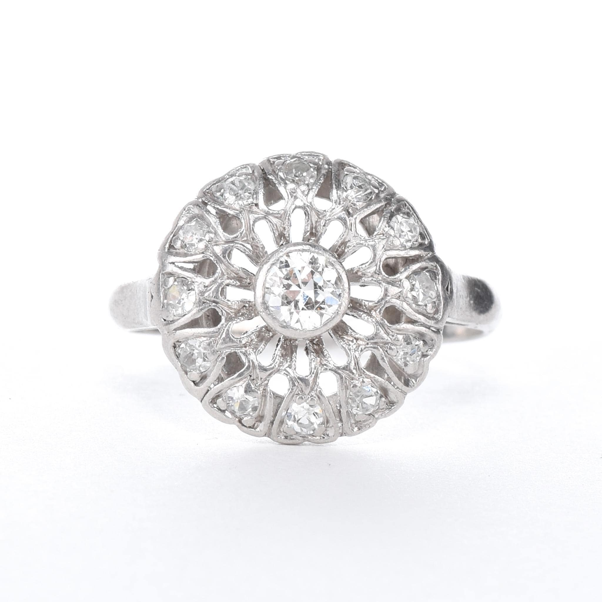 Art Deco Platinum and Diamond Halo Shield Ring