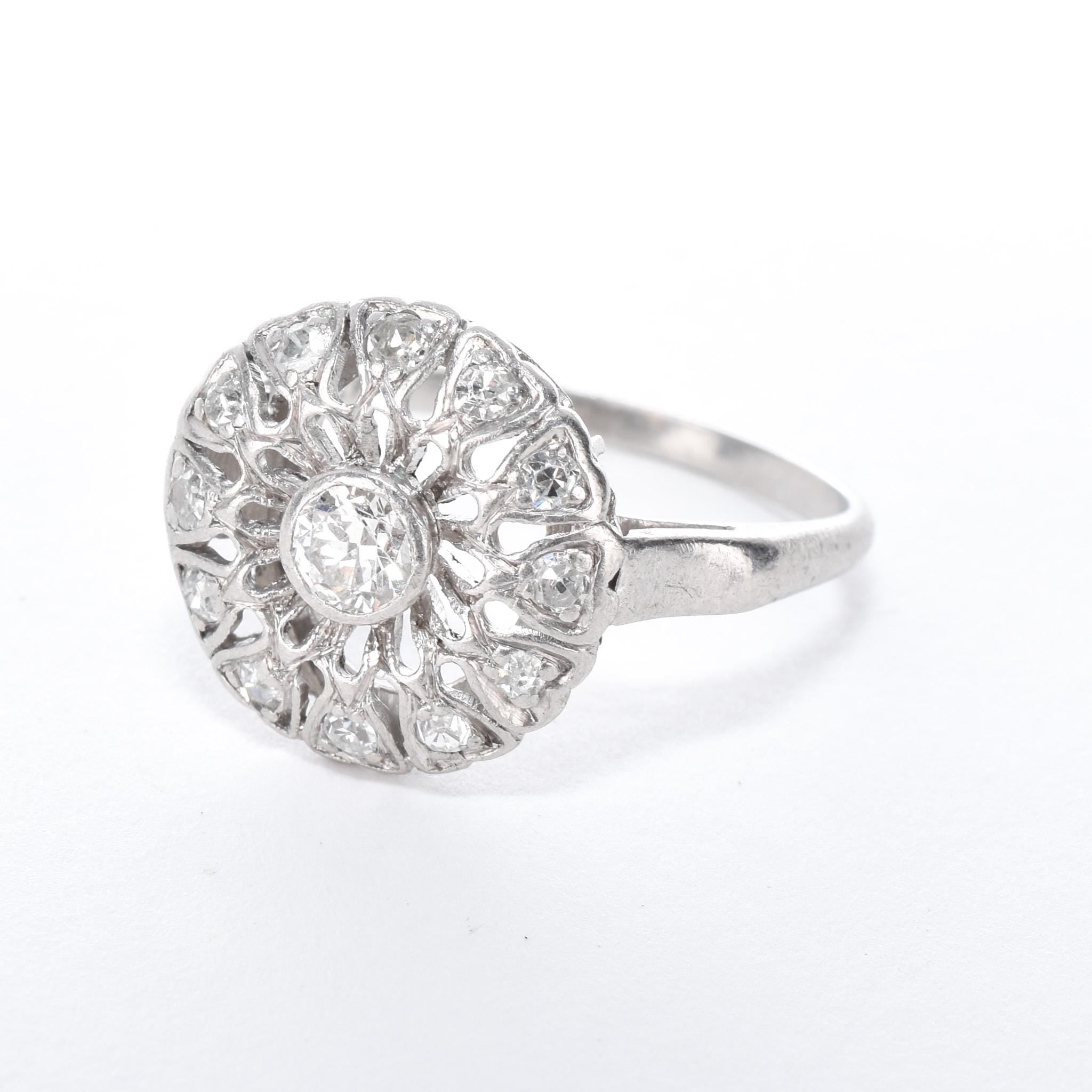 Art Deco Platinum and Diamond Halo Shield Ring