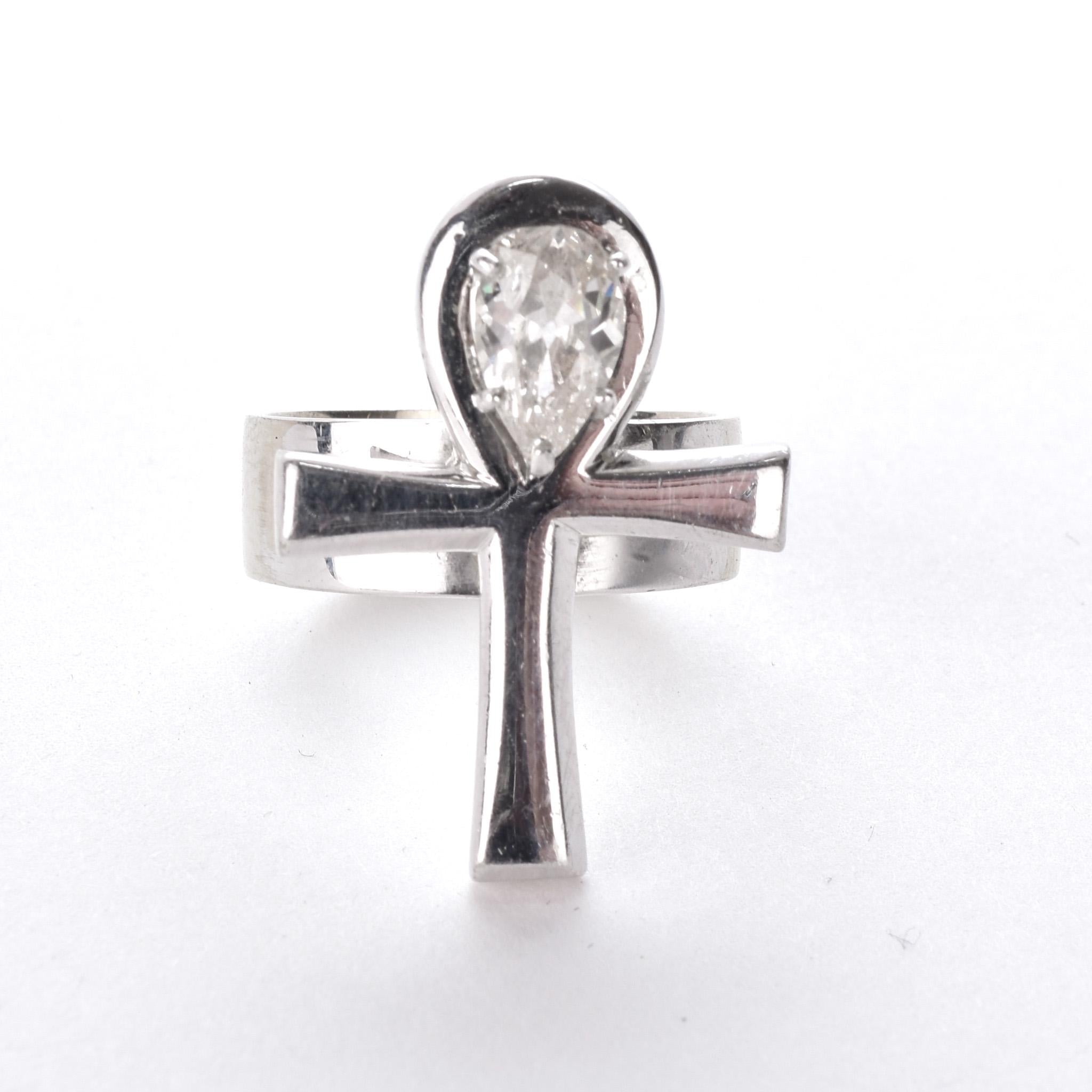 14K White Gold Ankh Ring with .70 CT Pear-Shaped Diamond