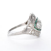 Antique Art Deco Platinum Diamond and Emerald Cocktail Ring