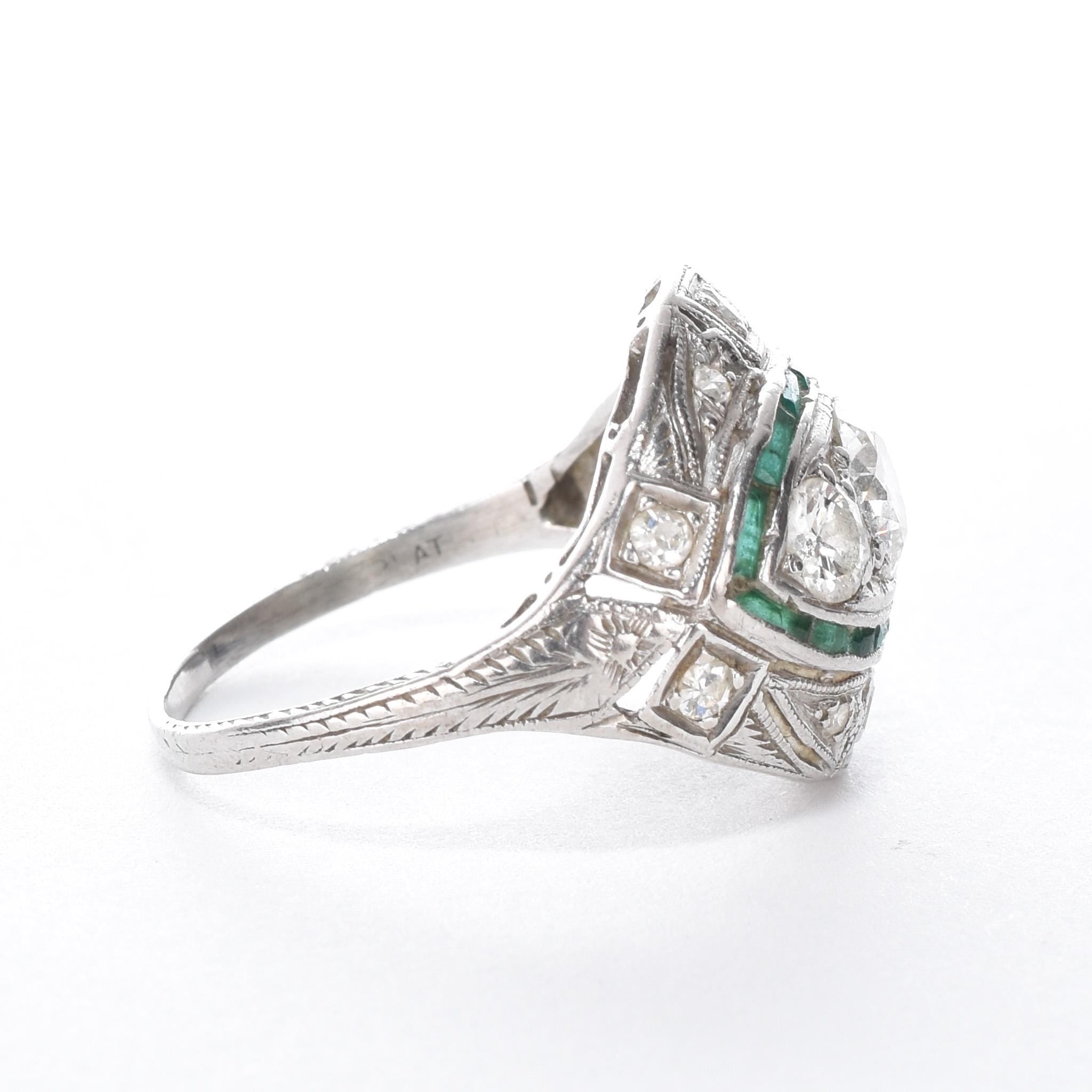Antique Art Deco Platinum Diamond and Emerald Cocktail Ring