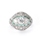 Antique Art Deco Platinum Diamond and Emerald Cocktail Ring
