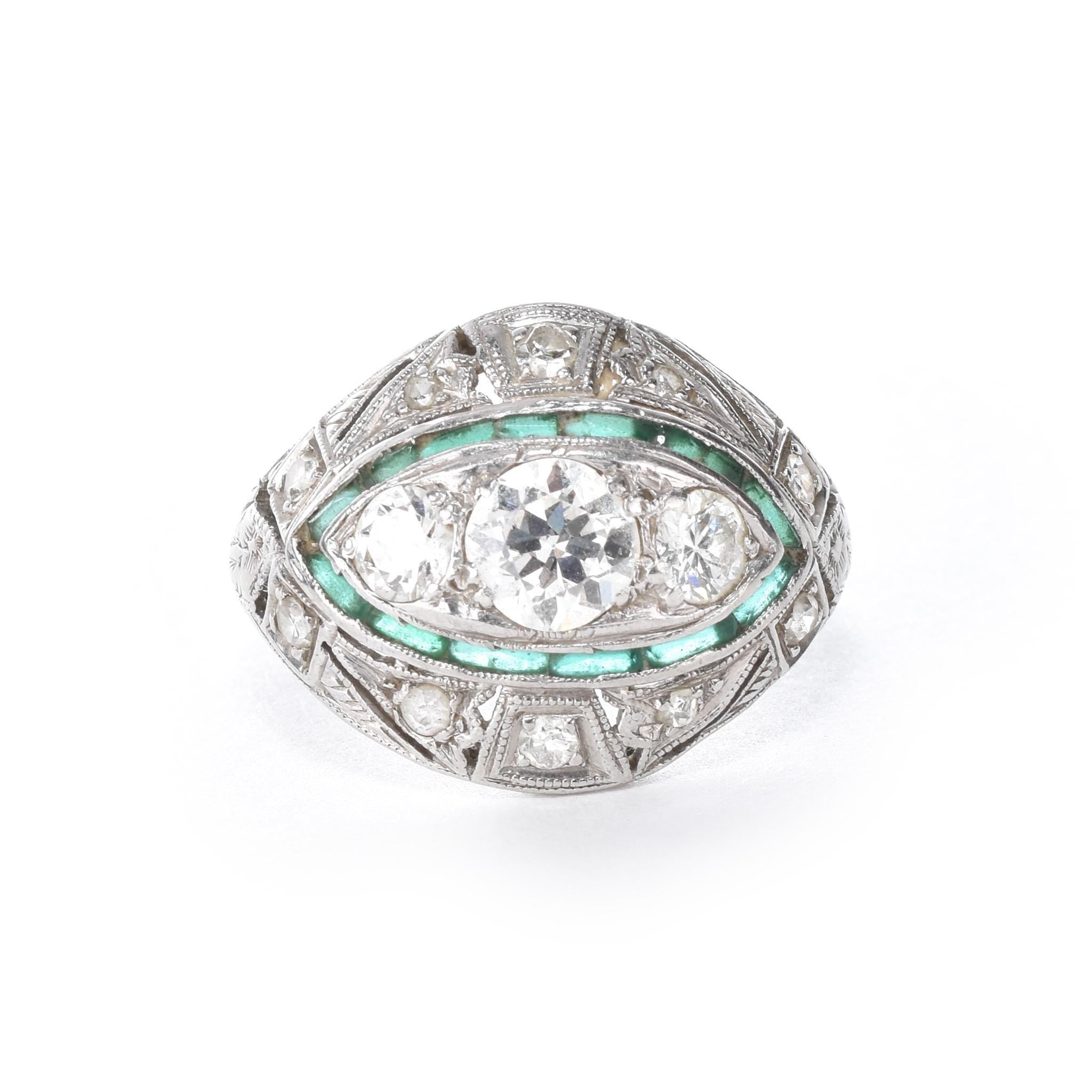 Antique Art Deco Platinum Diamond and Emerald Cocktail Ring