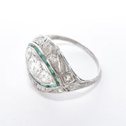 Antique Art Deco Platinum Diamond and Emerald Cocktail Ring