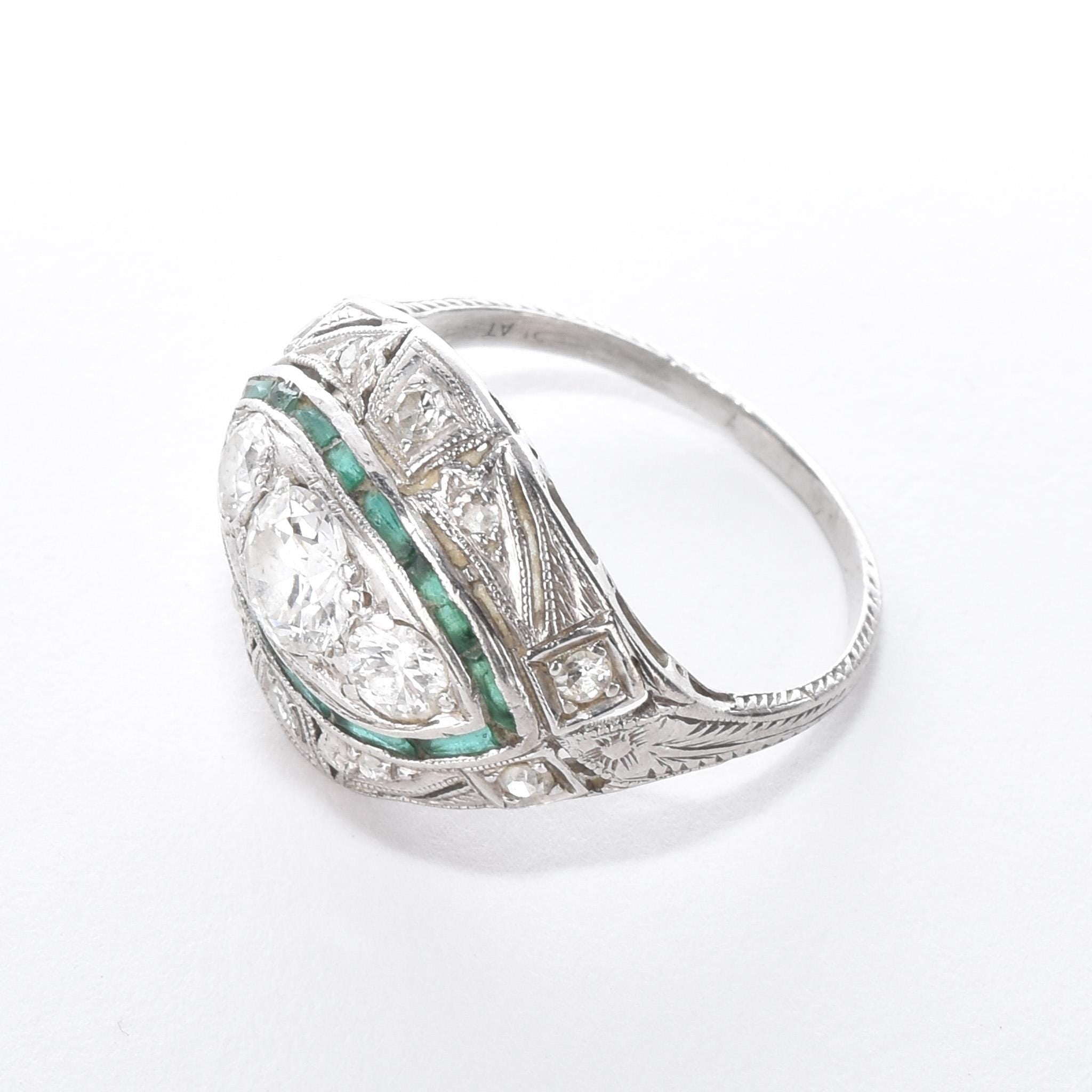 Antique Art Deco Platinum Diamond and Emerald Cocktail Ring