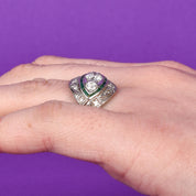 Antique Art Deco Platinum Diamond and Emerald Cocktail Ring