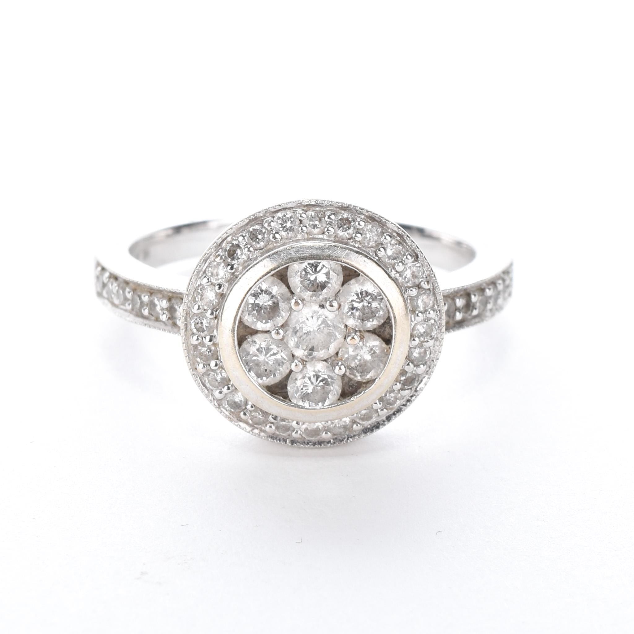 14K White Gold Diamond Cluster Halo Ring