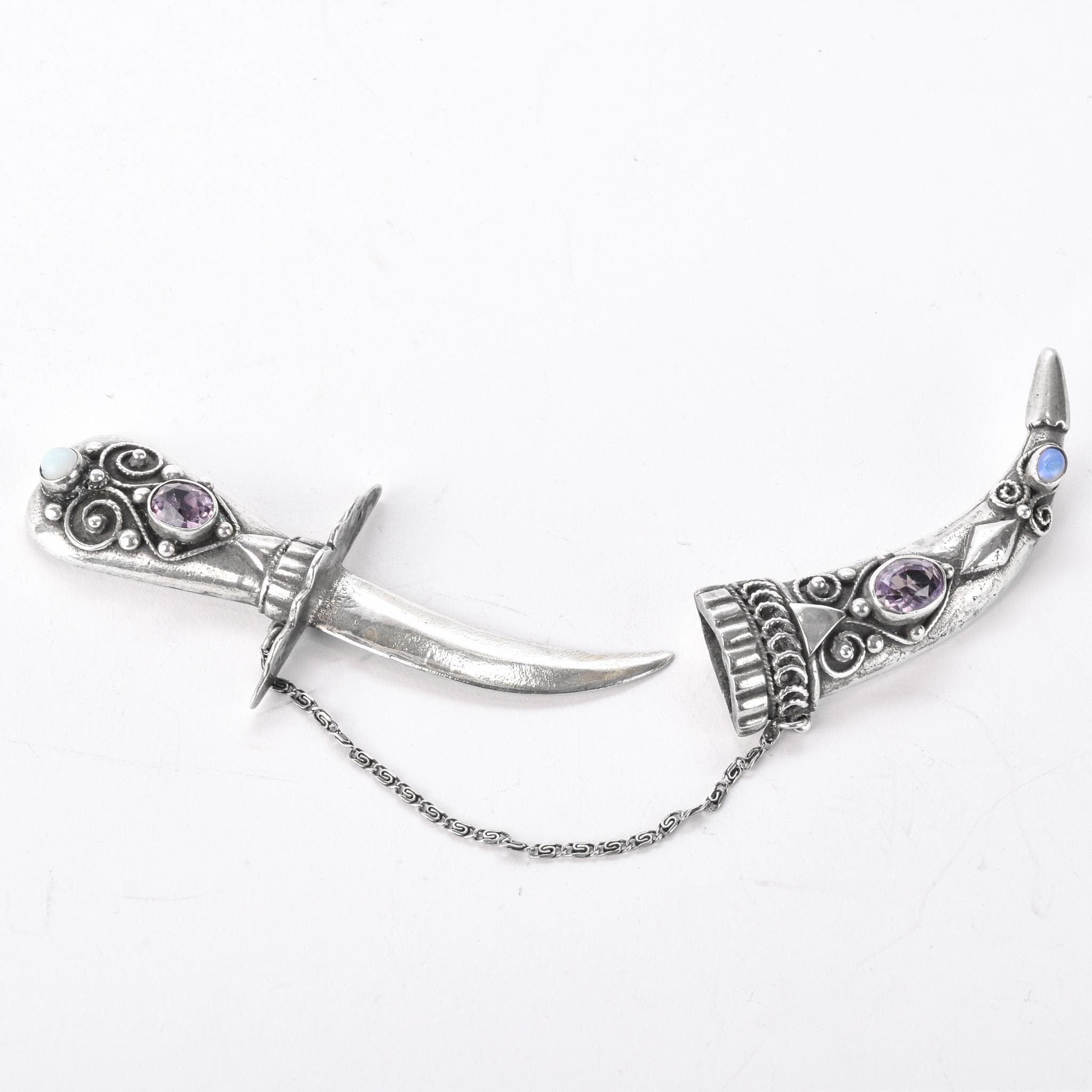 Silver Dagger Brooch with Amethyst, Moonstone, and Mother of Pearl