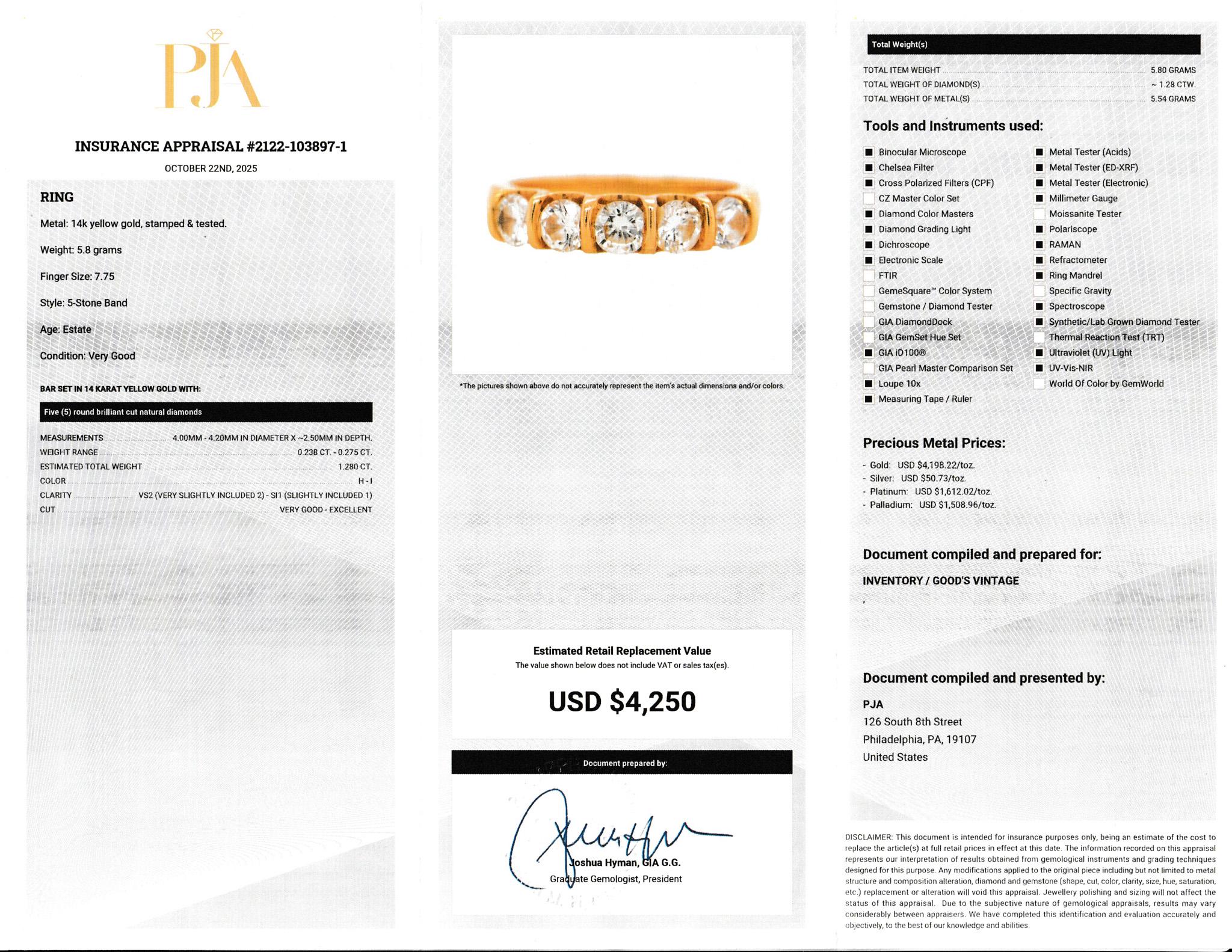 14K Gold 5 Stone Bar-Set 1.28CT Diamond Band