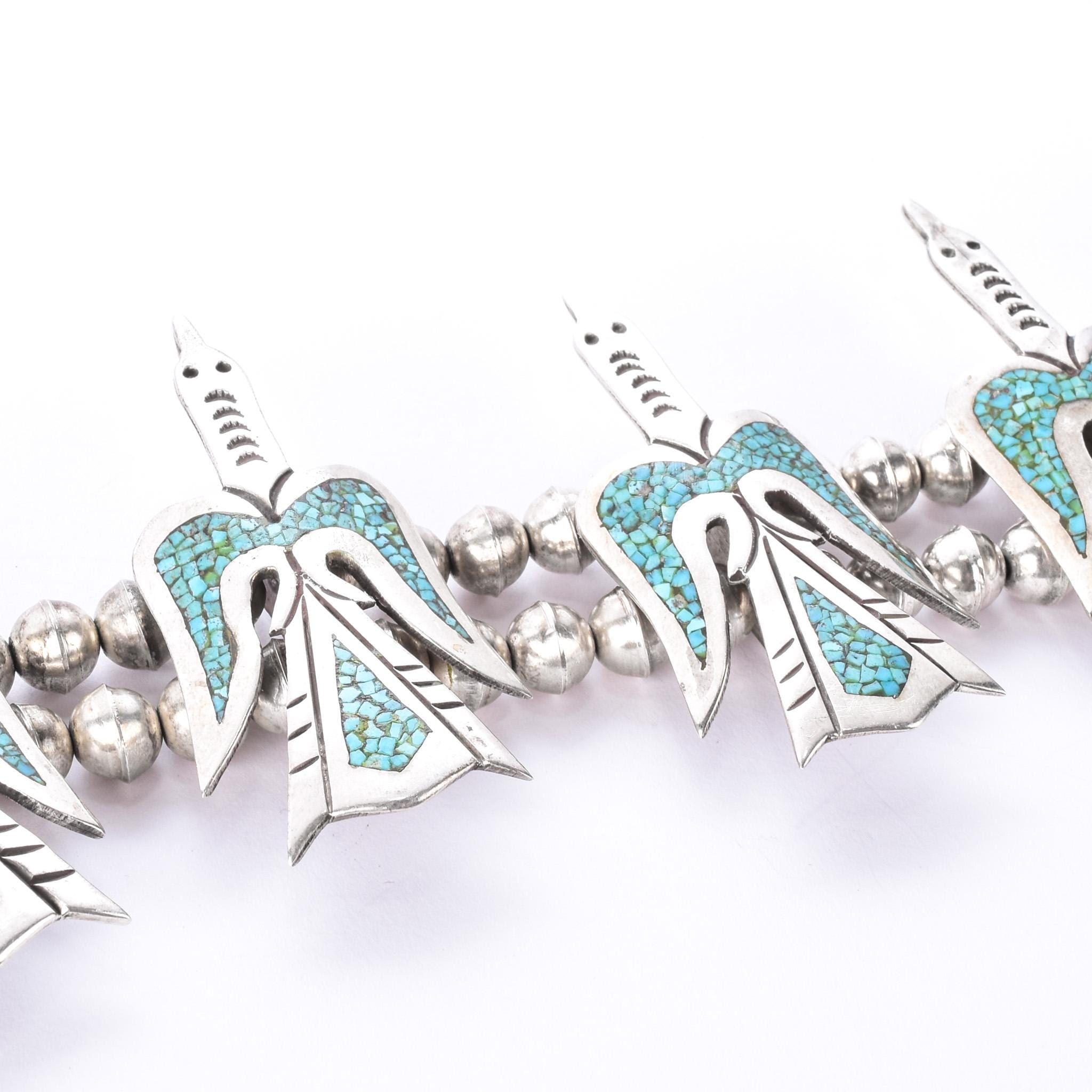 Sterling Silver Turquoise Chip Inlay Peyote Bird Squash Blossom