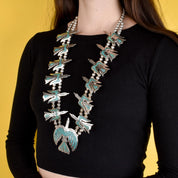 Sterling Silver Turquoise Chip Inlay Peyote Bird Squash Blossom