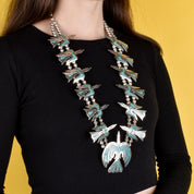 Sterling Silver Turquoise Chip Inlay Peyote Bird Squash Blossom