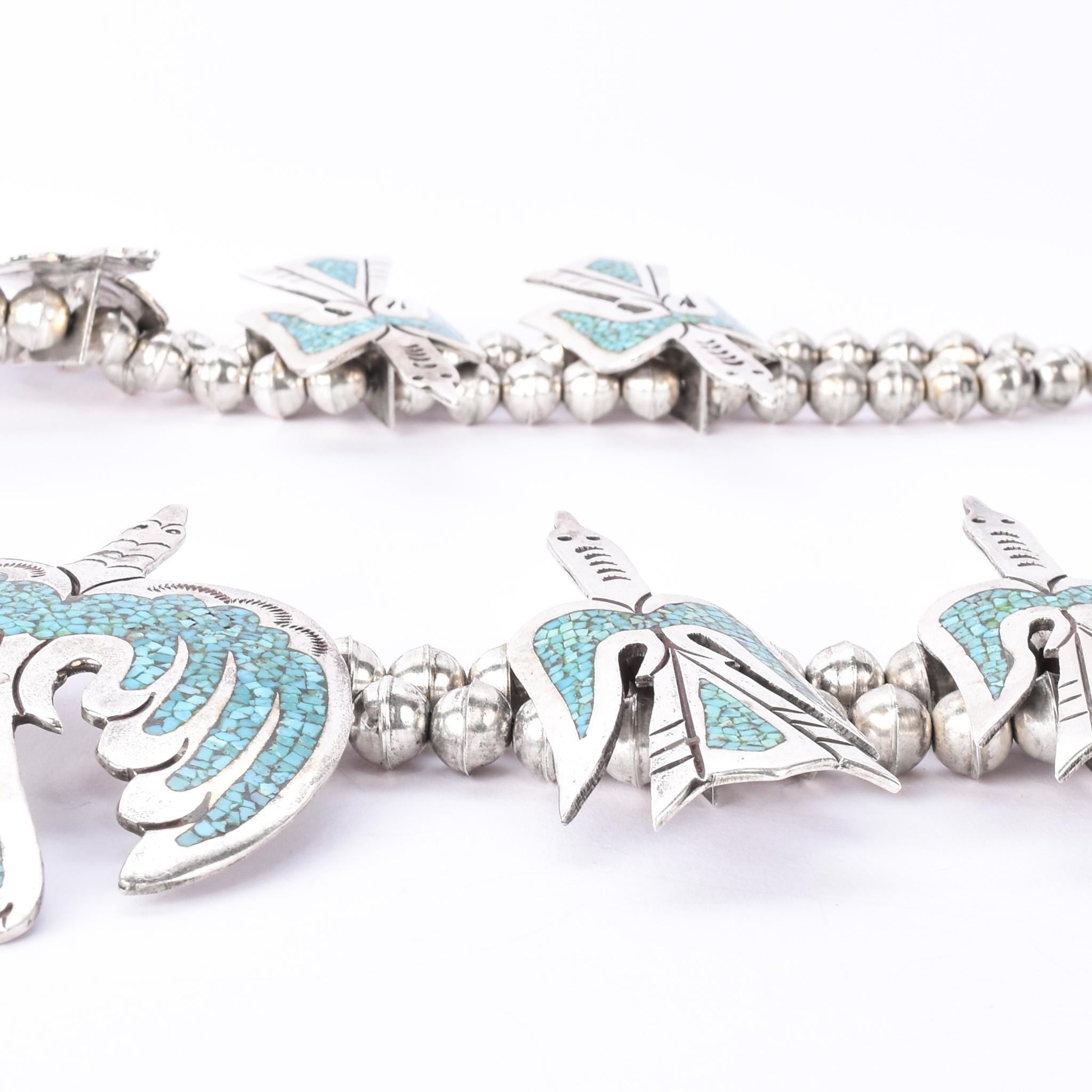 Sterling Silver Turquoise Chip Inlay Peyote Bird Squash Blossom