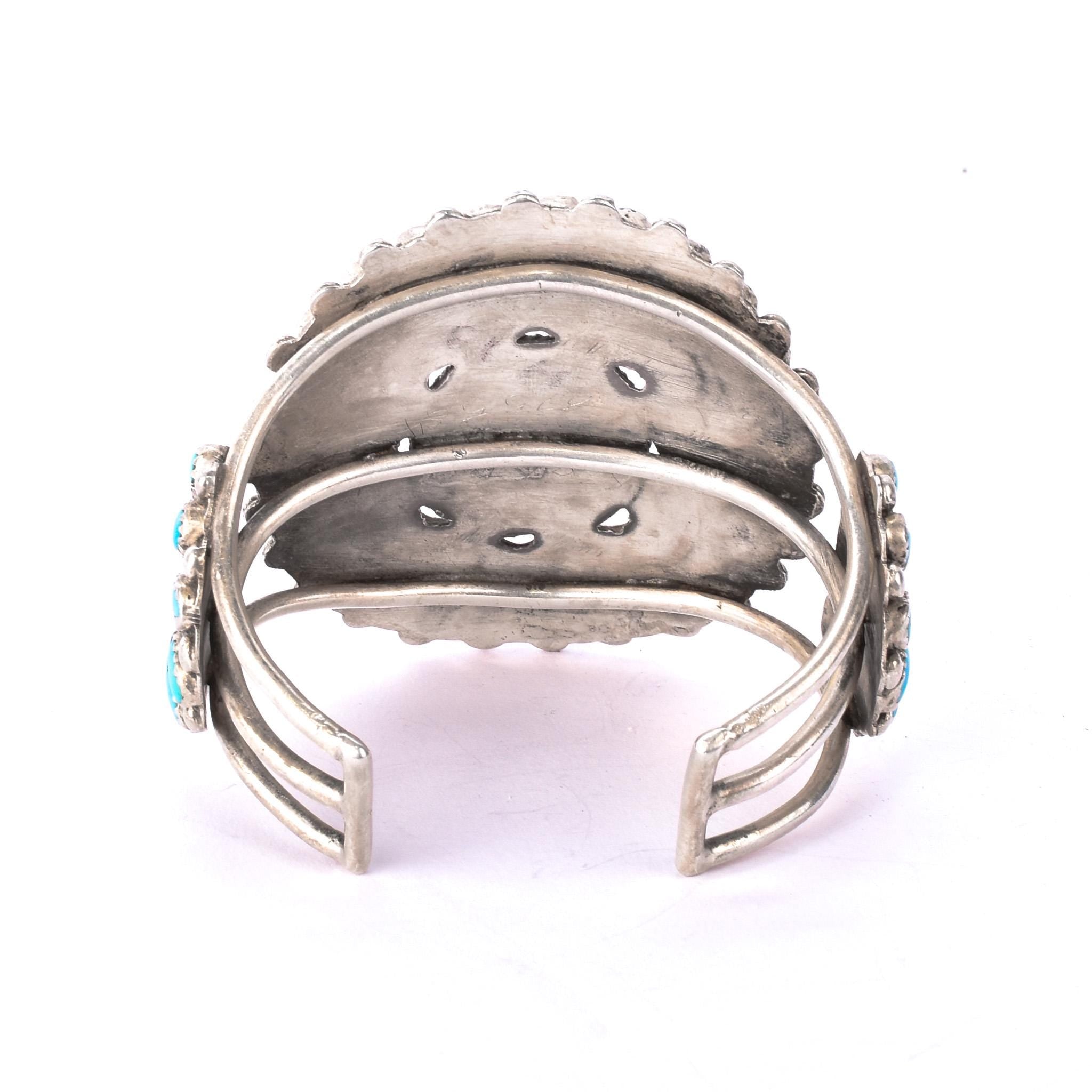 1940s Doris Ondelacy Massive Zuni Sterling Silver and Turquoise Cuff Bracelet
