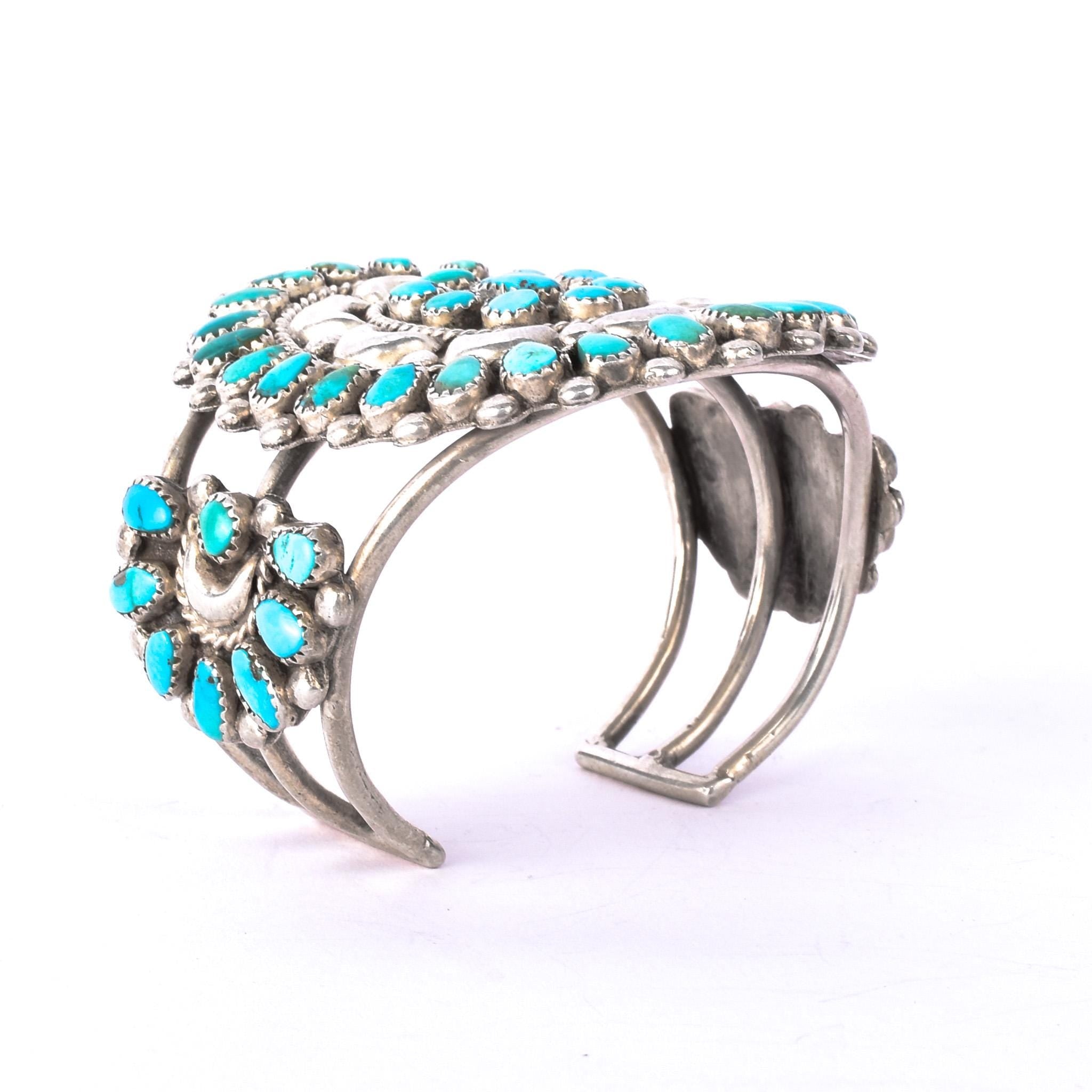 1940s Doris Ondelacy Massive Zuni Sterling Silver and Turquoise Cuff Bracelet