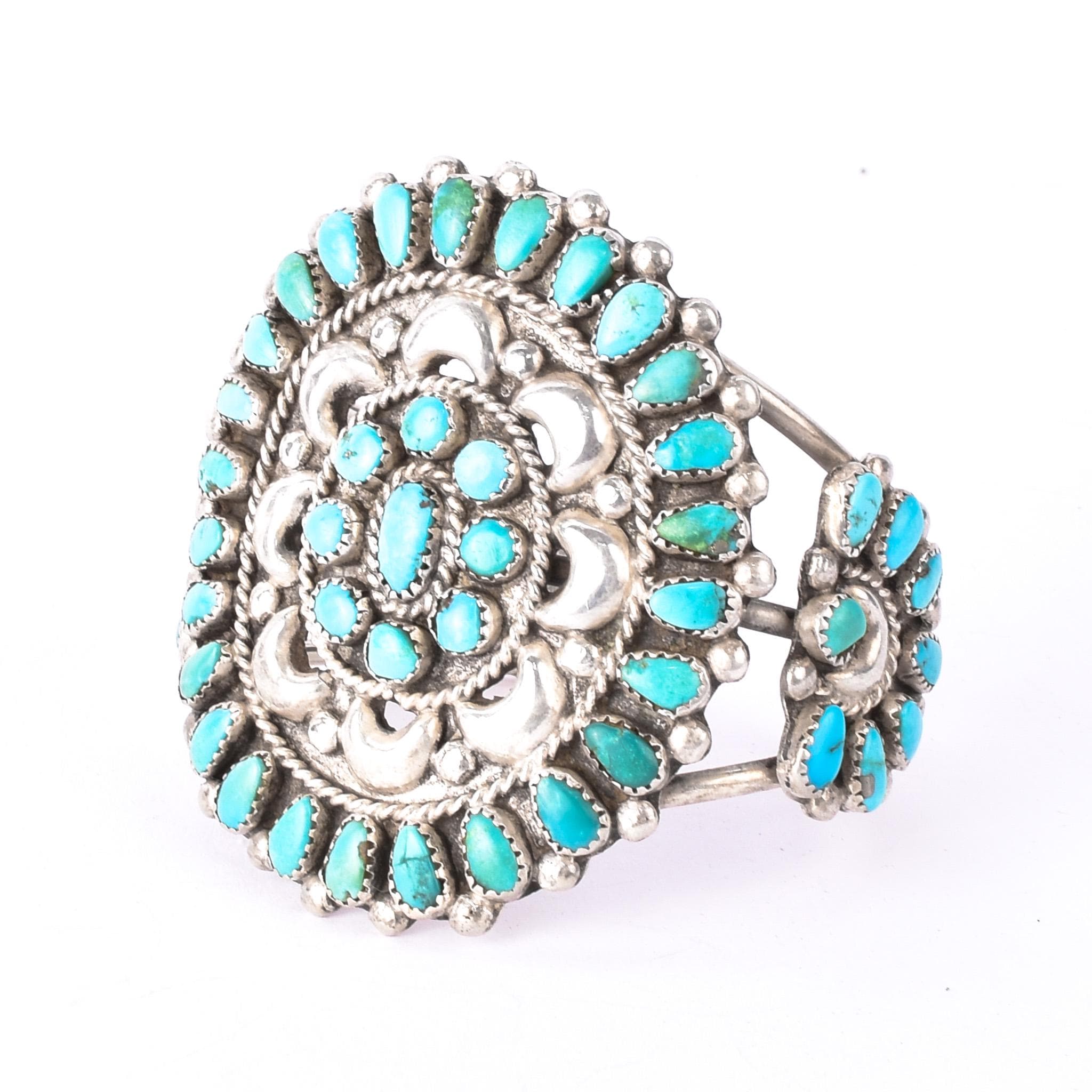 1940s Doris Ondelacy Massive Zuni Sterling Silver and Turquoise Cuff Bracelet