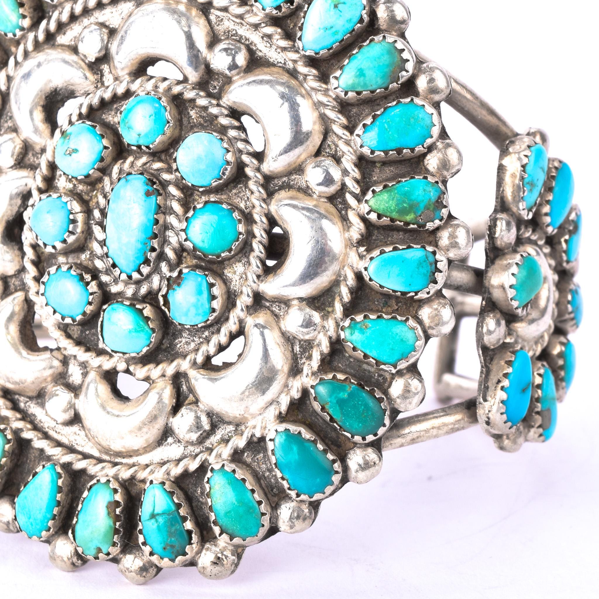 1940s Doris Ondelacy Massive Zuni Sterling Silver and Turquoise Cuff Bracelet