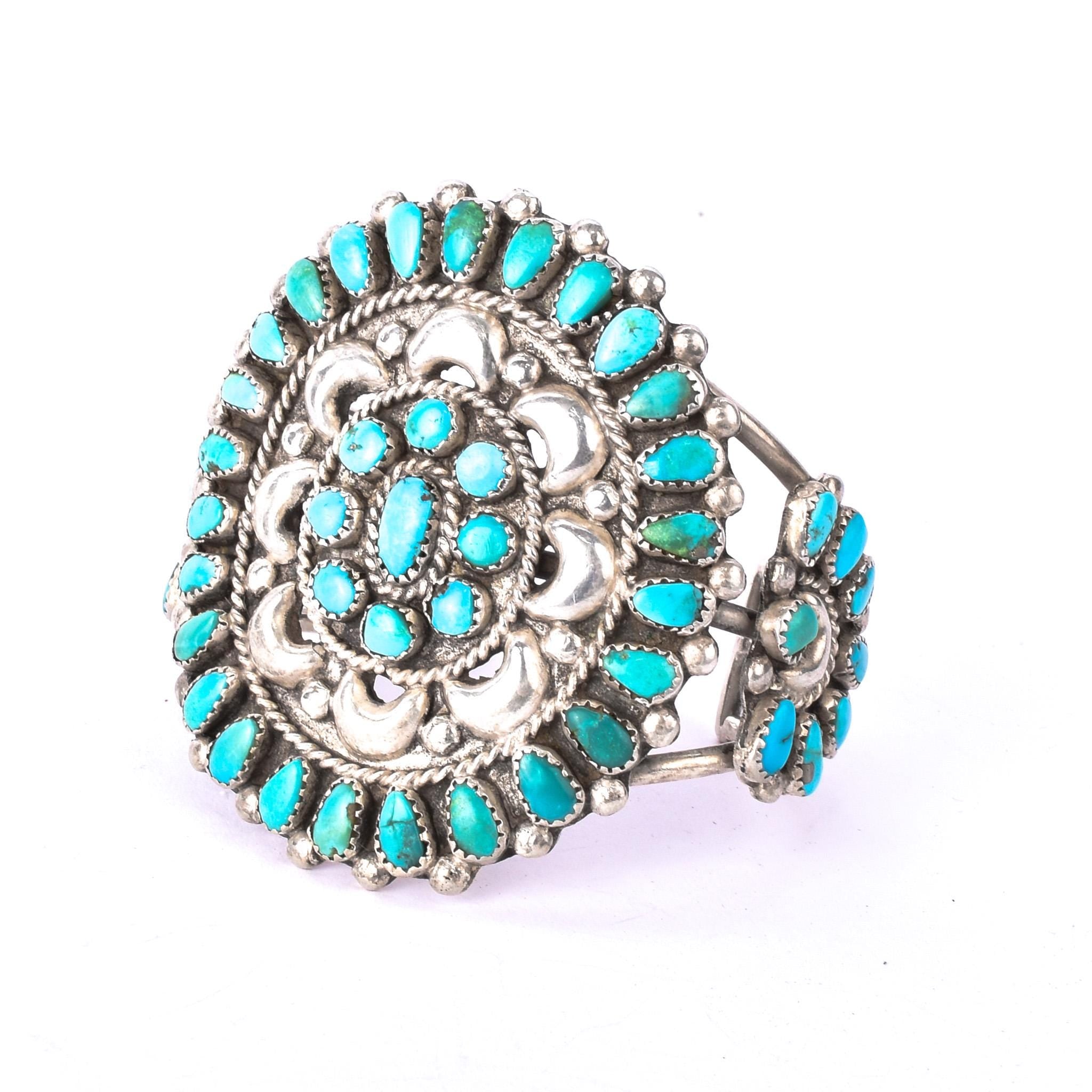 1940s Doris Ondelacy Massive Zuni Sterling Silver and Turquoise Cuff Bracelet