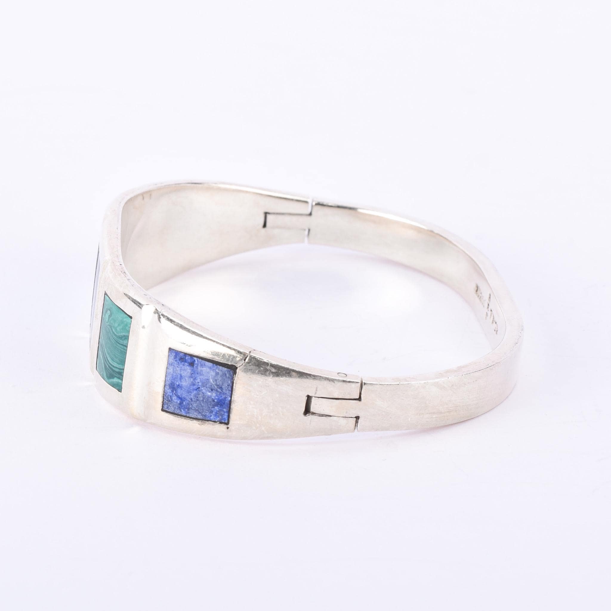 Taxco Sterling Silver Malachite & Turquoise Multi-Gemstone Inlay Bracelet