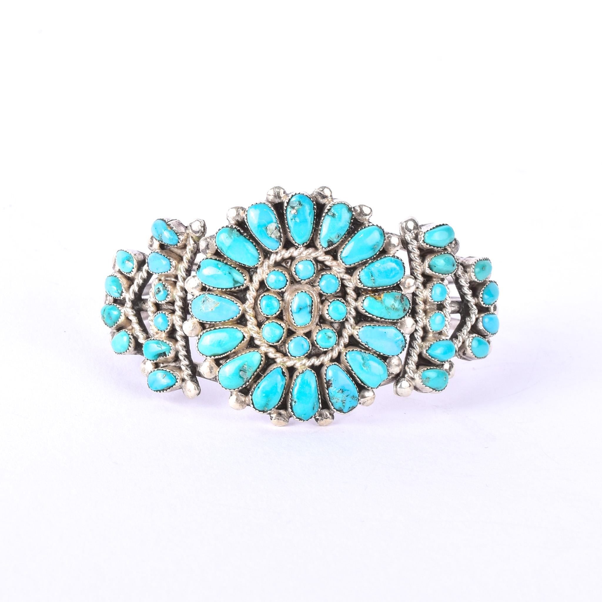 Navajo Sterling Silver Cluster Turquoise Cuff Bracelet