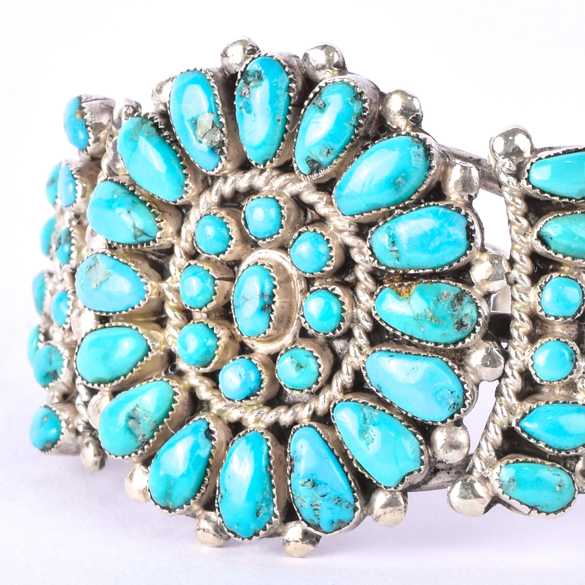 Navajo Sterling Silver Cluster Turquoise Cuff Bracelet