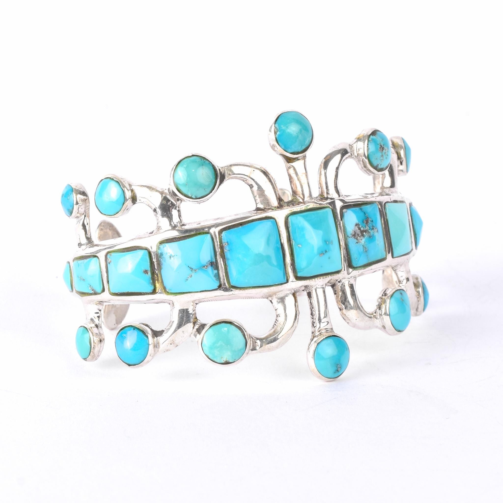 1970s Signed Jack Adakai Unique Sterling Silver & Turquoise Cuff Bracelet