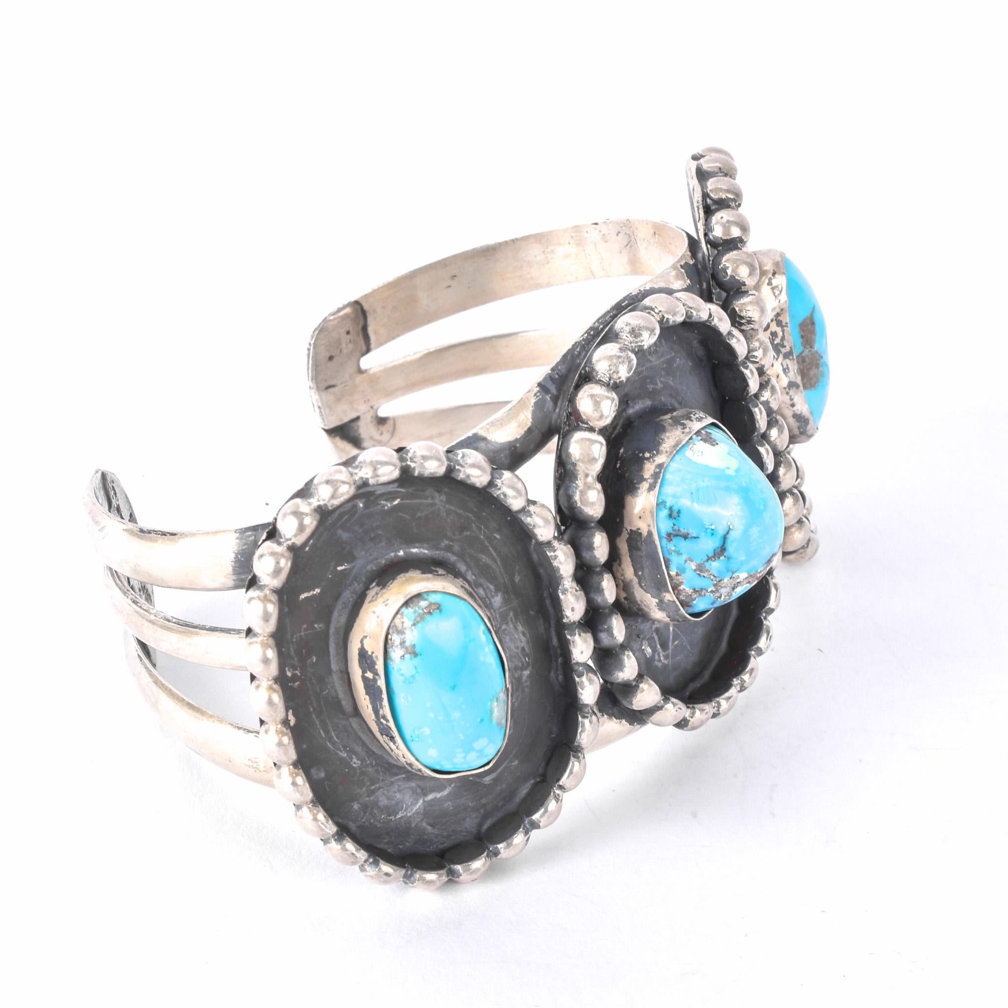 Heavyweight Sterling Silver and Turquoise Cuff Bracelet