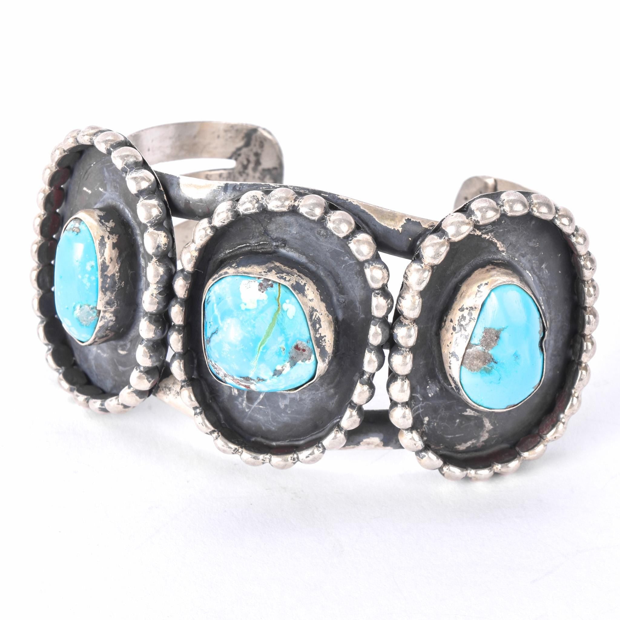 Heavyweight Sterling Silver and Turquoise Cuff Bracelet