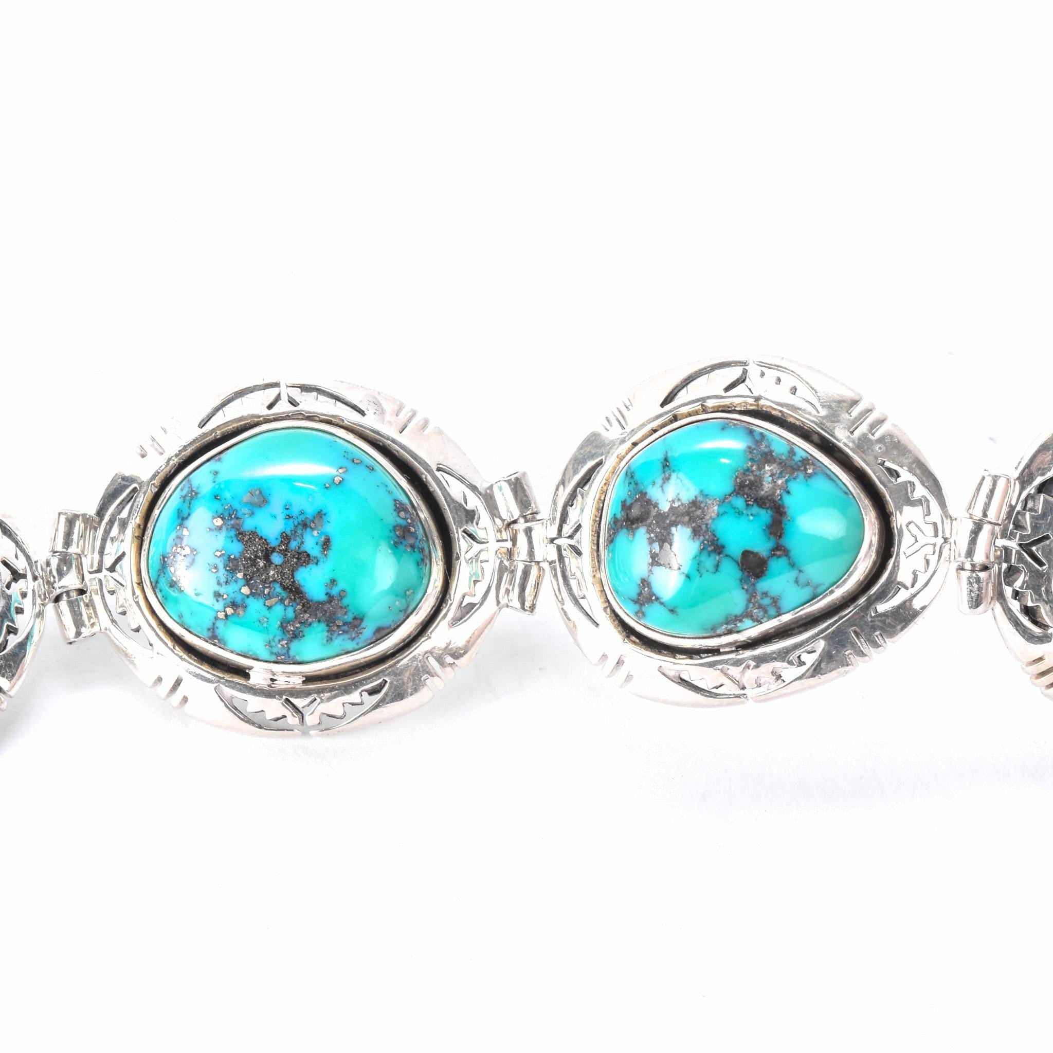 Signed Ben Piaso Jr Navajo Sterling Silver & Turquoise Link Bracelet