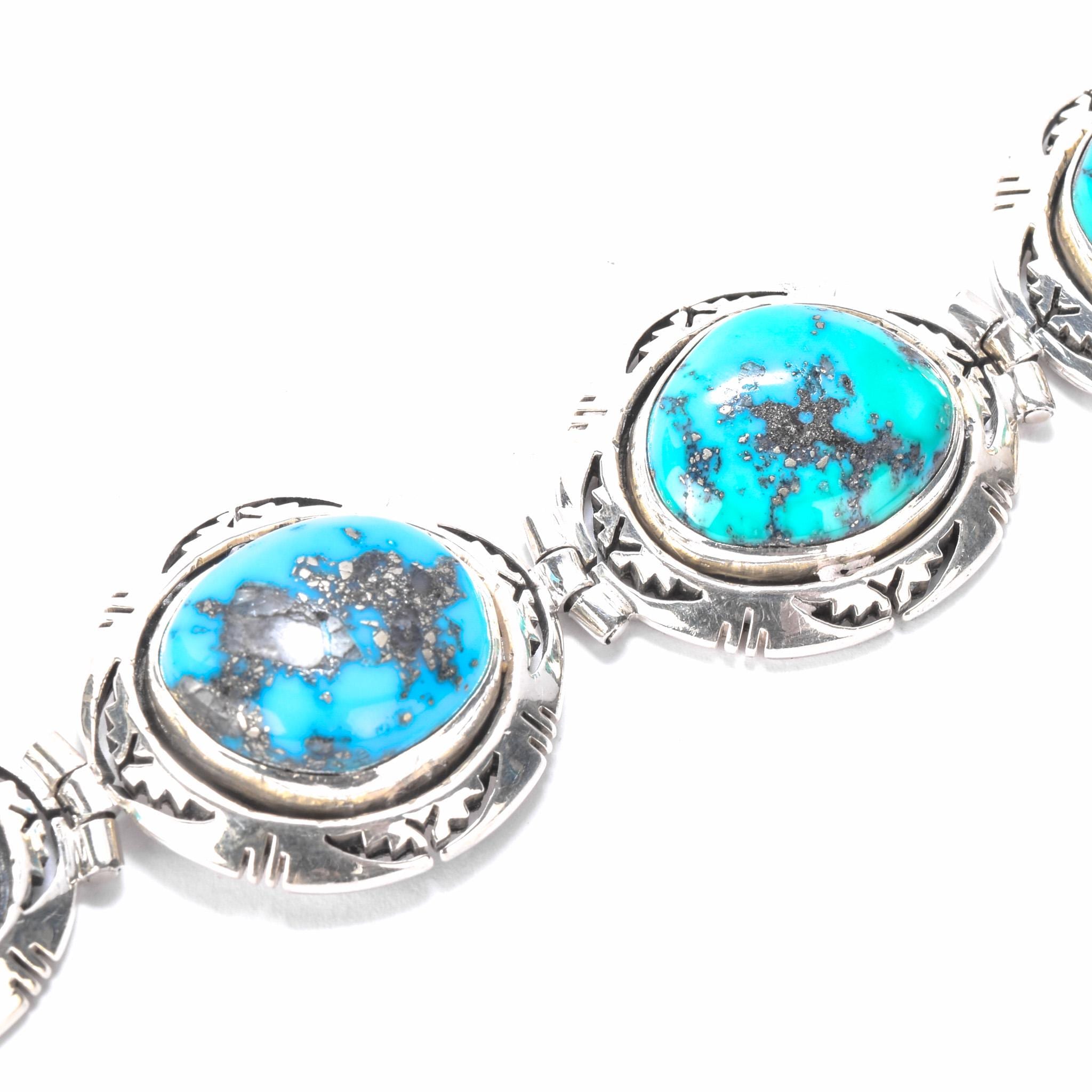 Signed Ben Piaso Jr Navajo Sterling Silver & Turquoise Link Bracelet