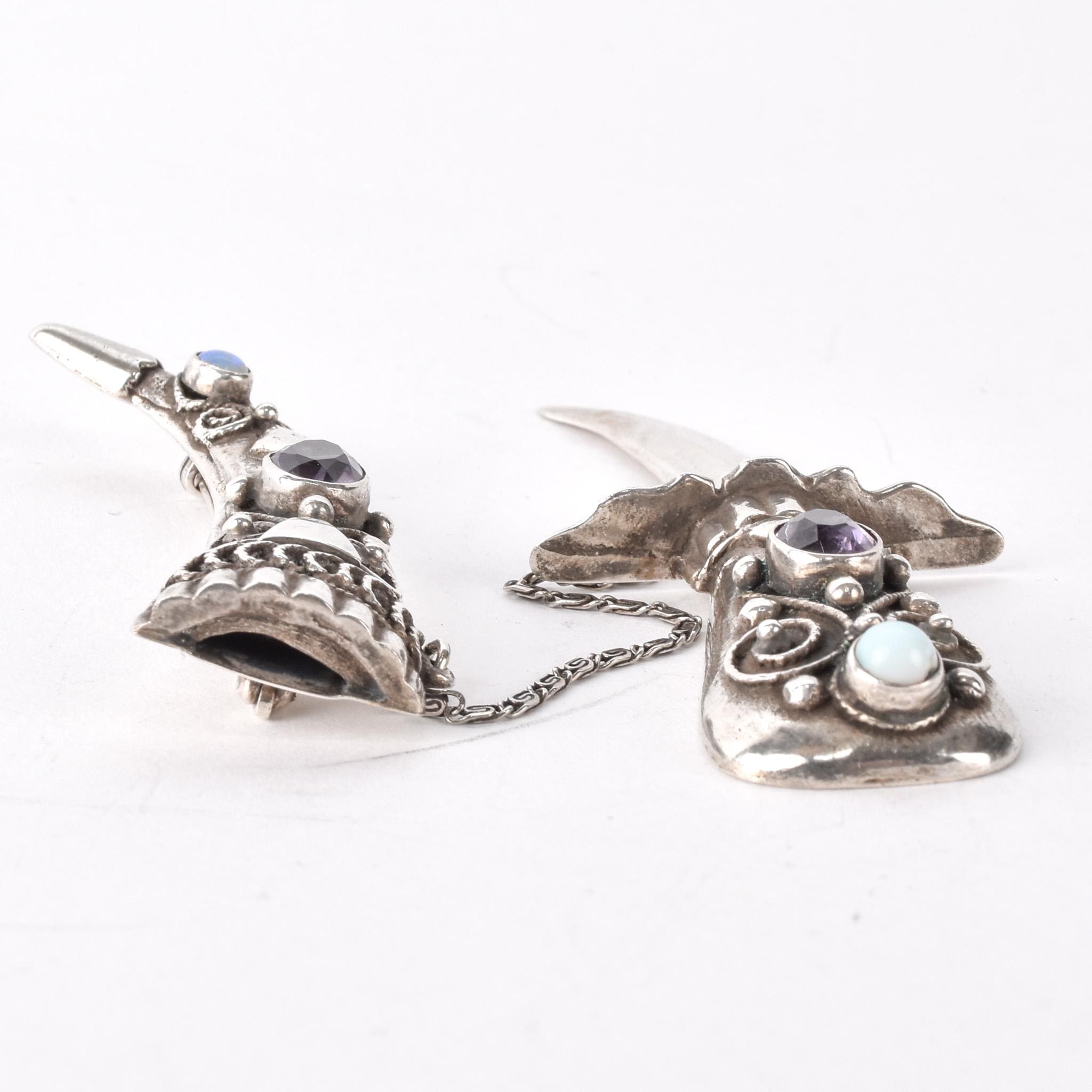 Silver Dagger Brooch with Amethyst, Moonstone, and Mother of Pearl