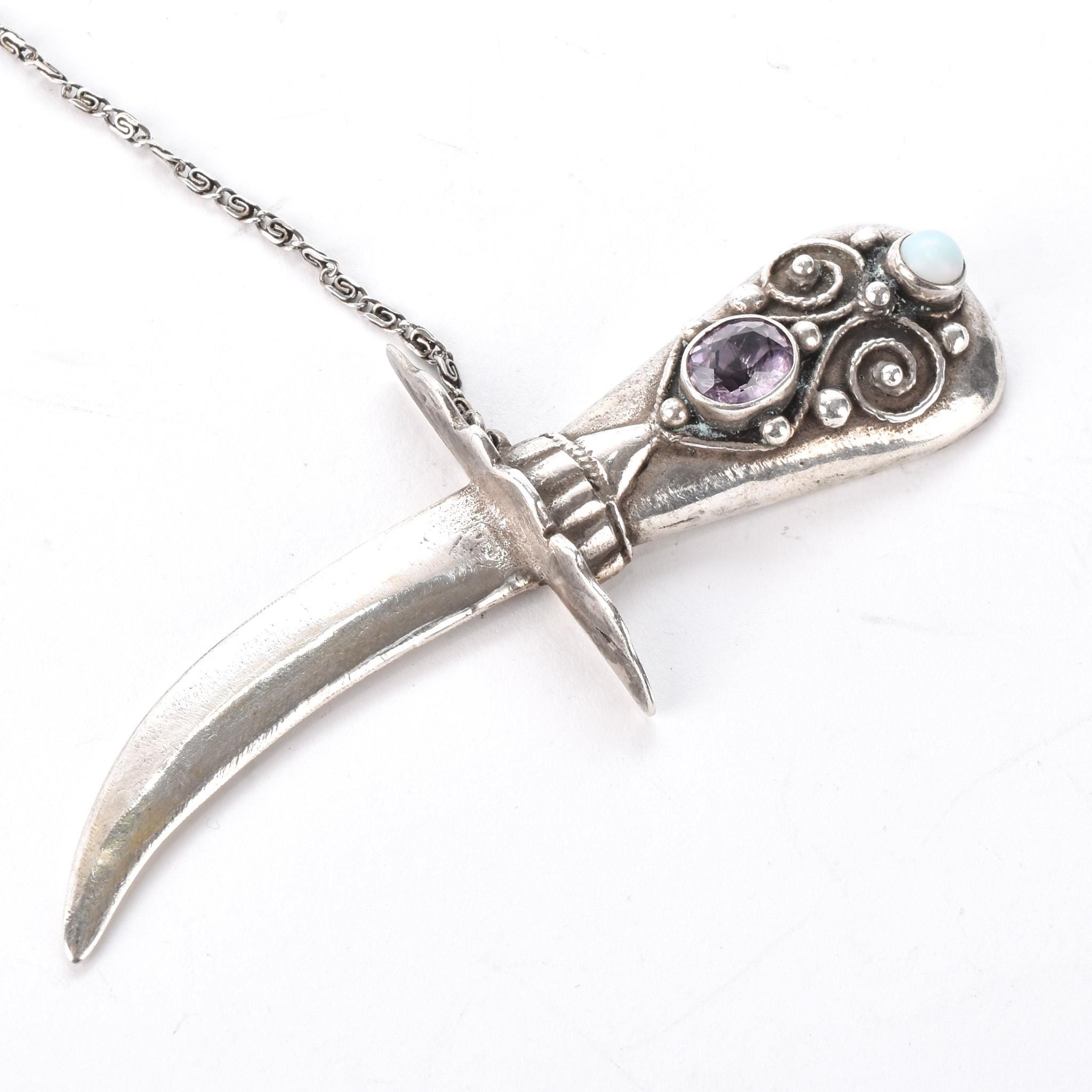 Silver Dagger Brooch with Amethyst, Moonstone, and Mother of Pearl